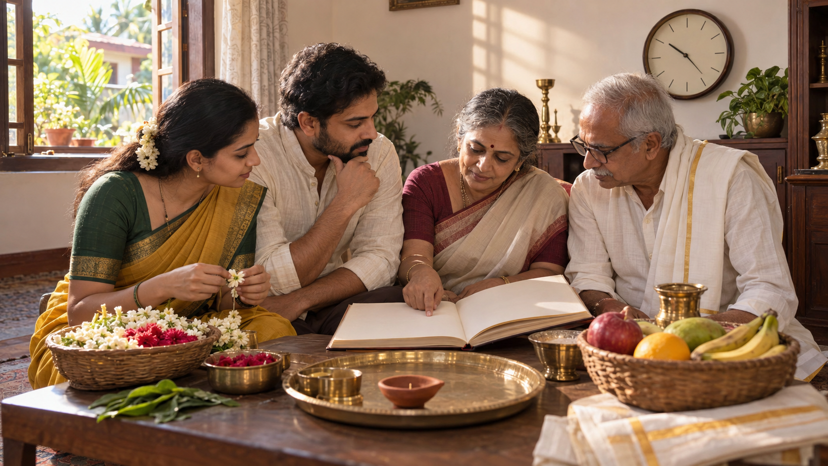 A family consults an unmarked almanac and an analog clock while arranging flowers and offerings at a home puja space.