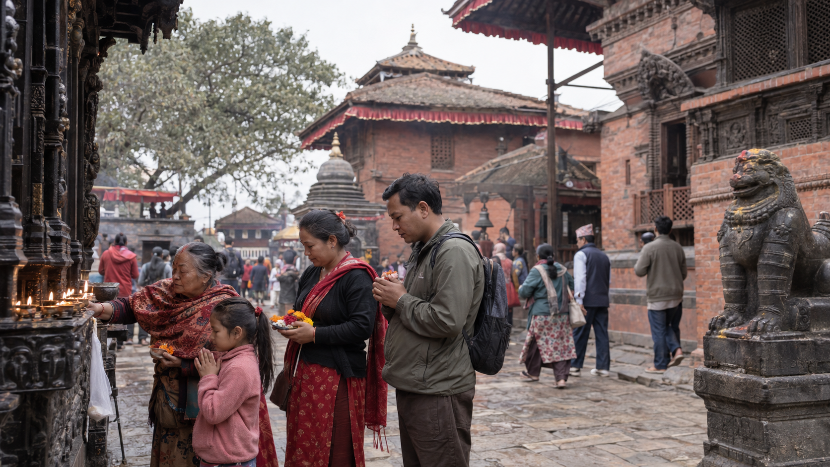 A multigenerational group of Newar Buddhist pilgrims carrying flowers and lamps in the outer courtyard of Guhyeshwari Temple.