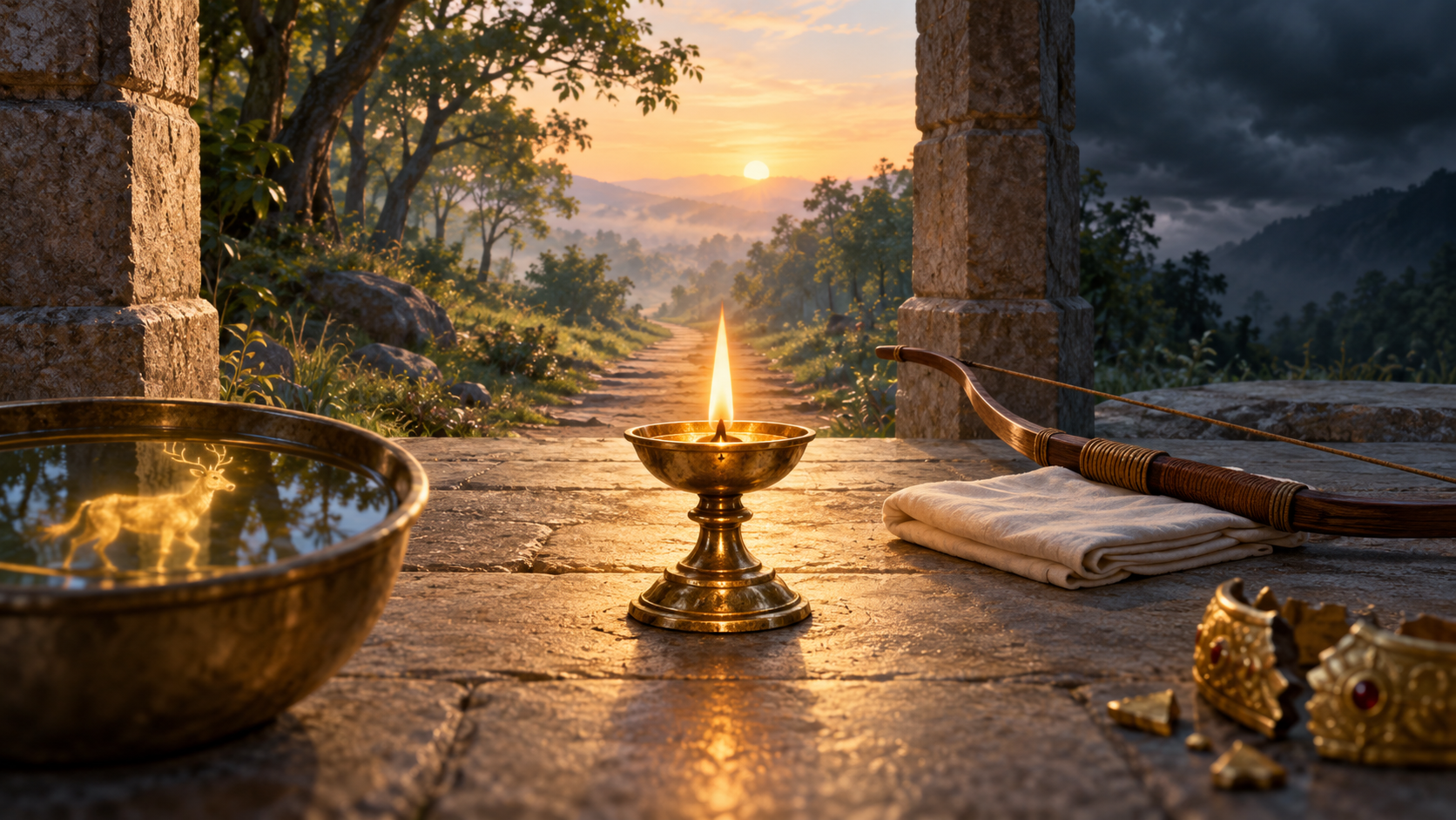 A steady oil lamp, bow and folded cloth sit at the center of a stone threshold while golden reflections, storm shadows and a cracked ornament remain at the edges.