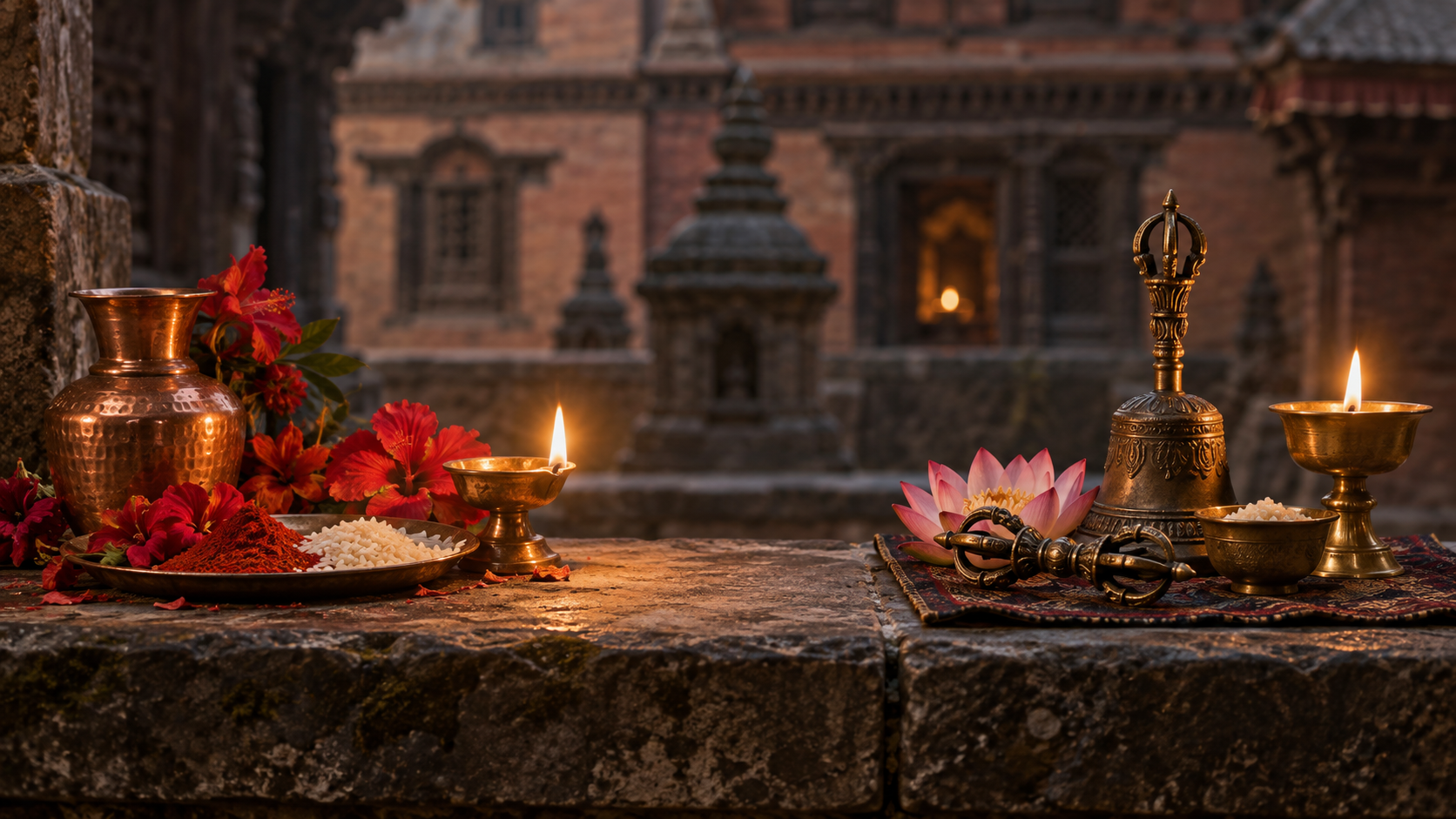 Separate Shakta and Vajrayana ritual objects arranged on one stone surface, with the light from two lamps meeting at the center.