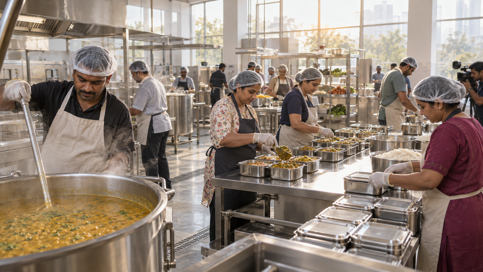 Community kitchen workers prepare and portion meals in a clean stainless-steel kitchen while a documentary camera records their work.