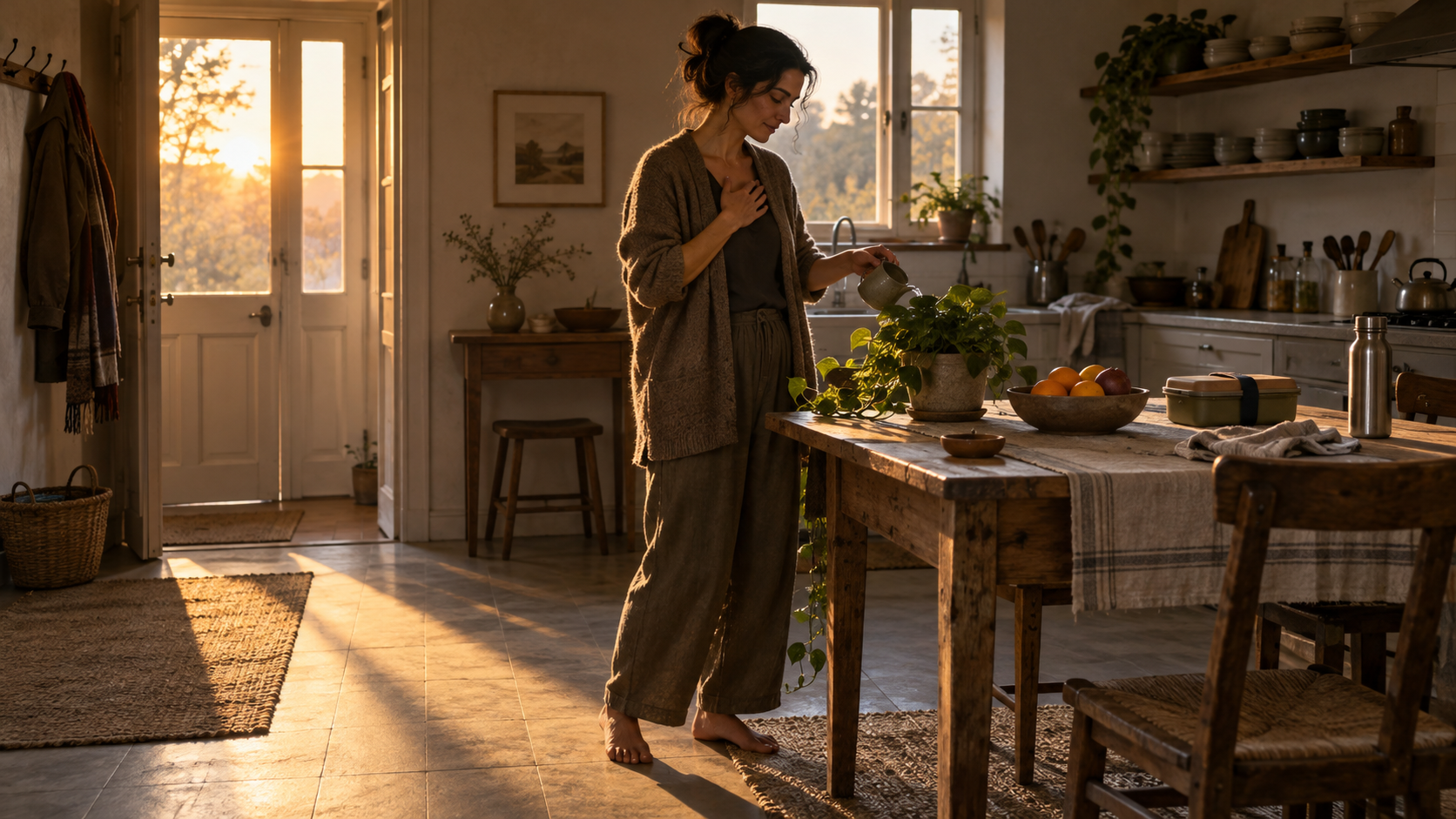 An adult pauses in a sunlit kitchen at dawn while watering a houseplant beside a table with fruit and a clay lamp.