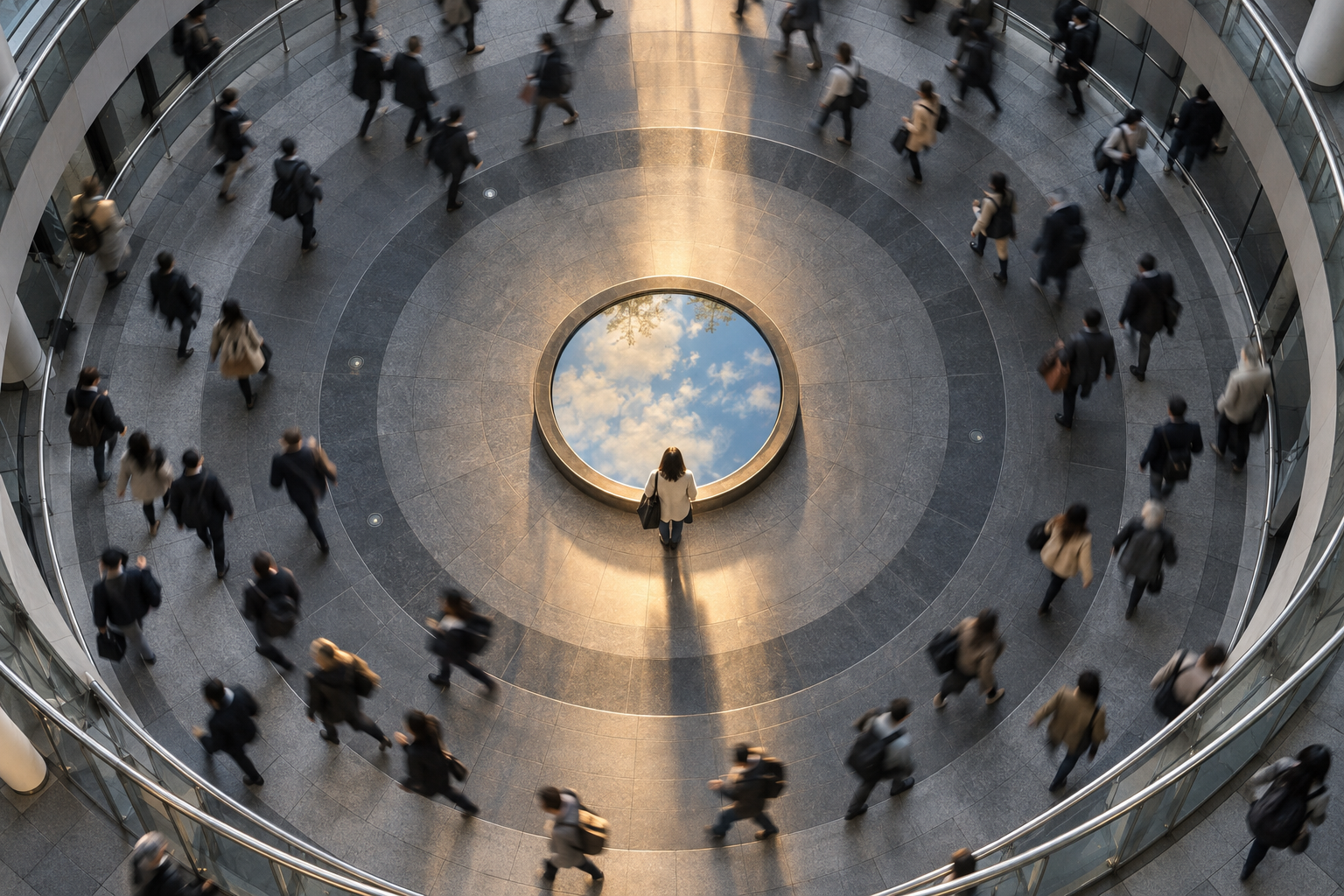 A motion-blurred crowd circles a concourse while one person stands still beside a reflective pool at the center.