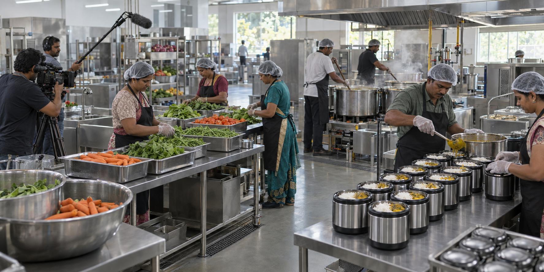 A camera crew observes kitchen workers sorting vegetables, monitoring cooking pots and packing prepared meals.
