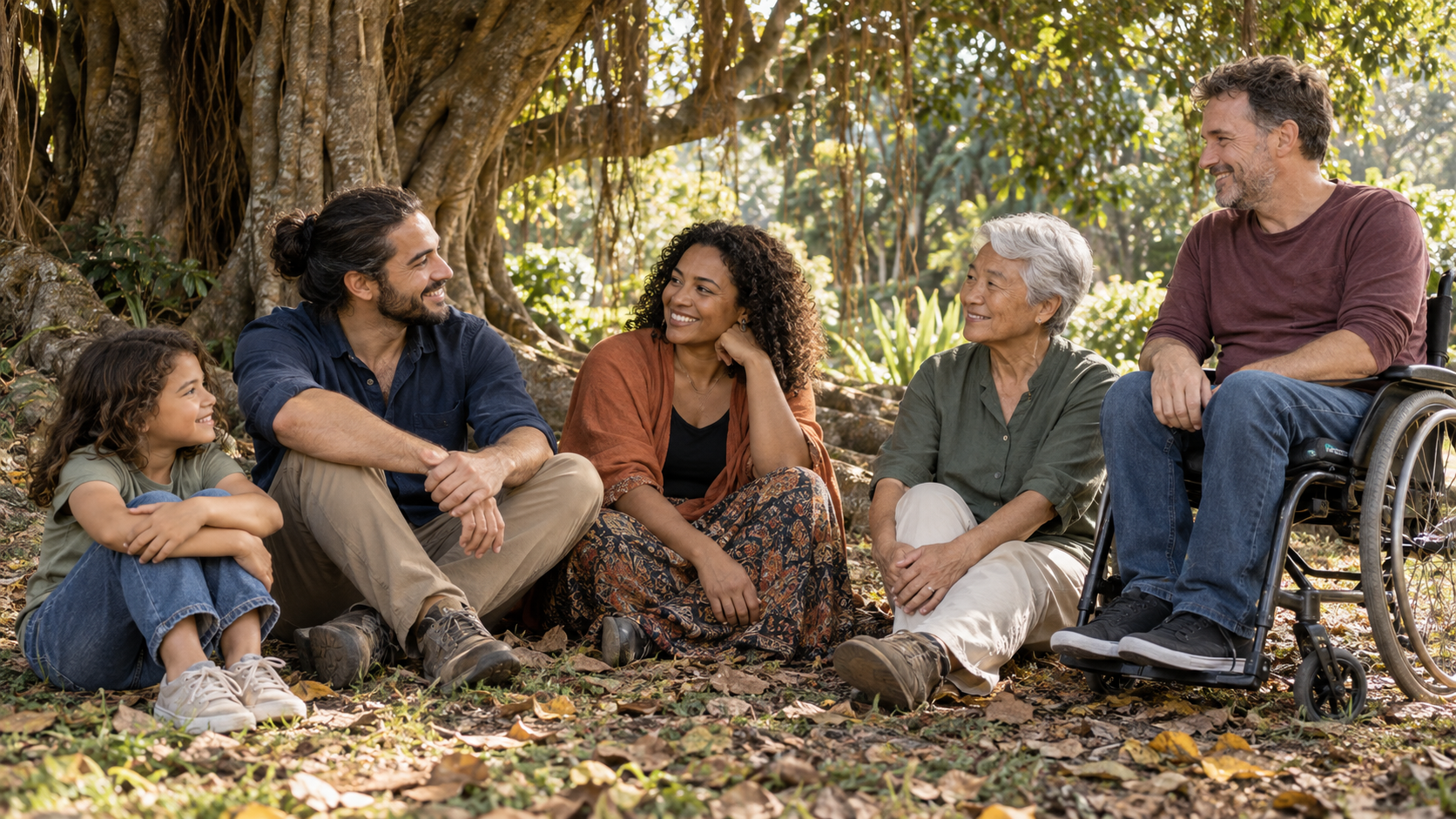 Five people of different ages rest together beneath a large tree in a sunlit garden, including one person using a wheelchair.