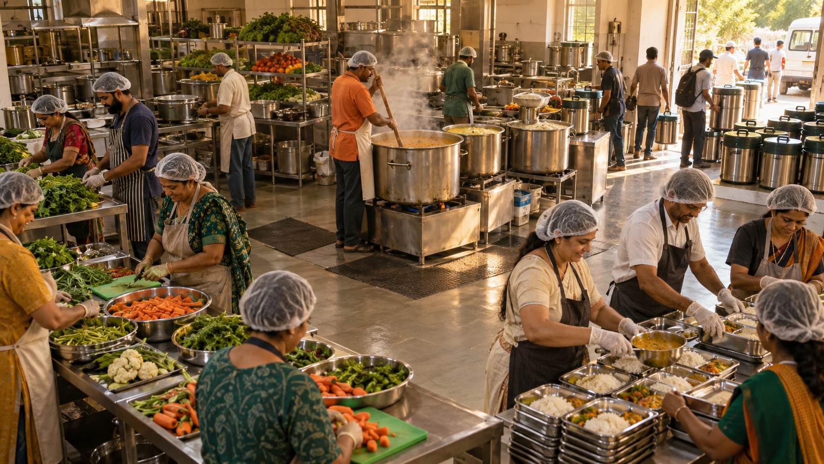 Volunteers work around stainless-steel tables to prepare rice, lentils and vegetables for community meal distribution.