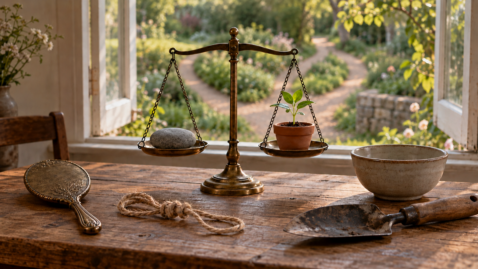 Brass scales balance a river stone and a young seedling on a wooden table beside an open window overlooking a garden path.