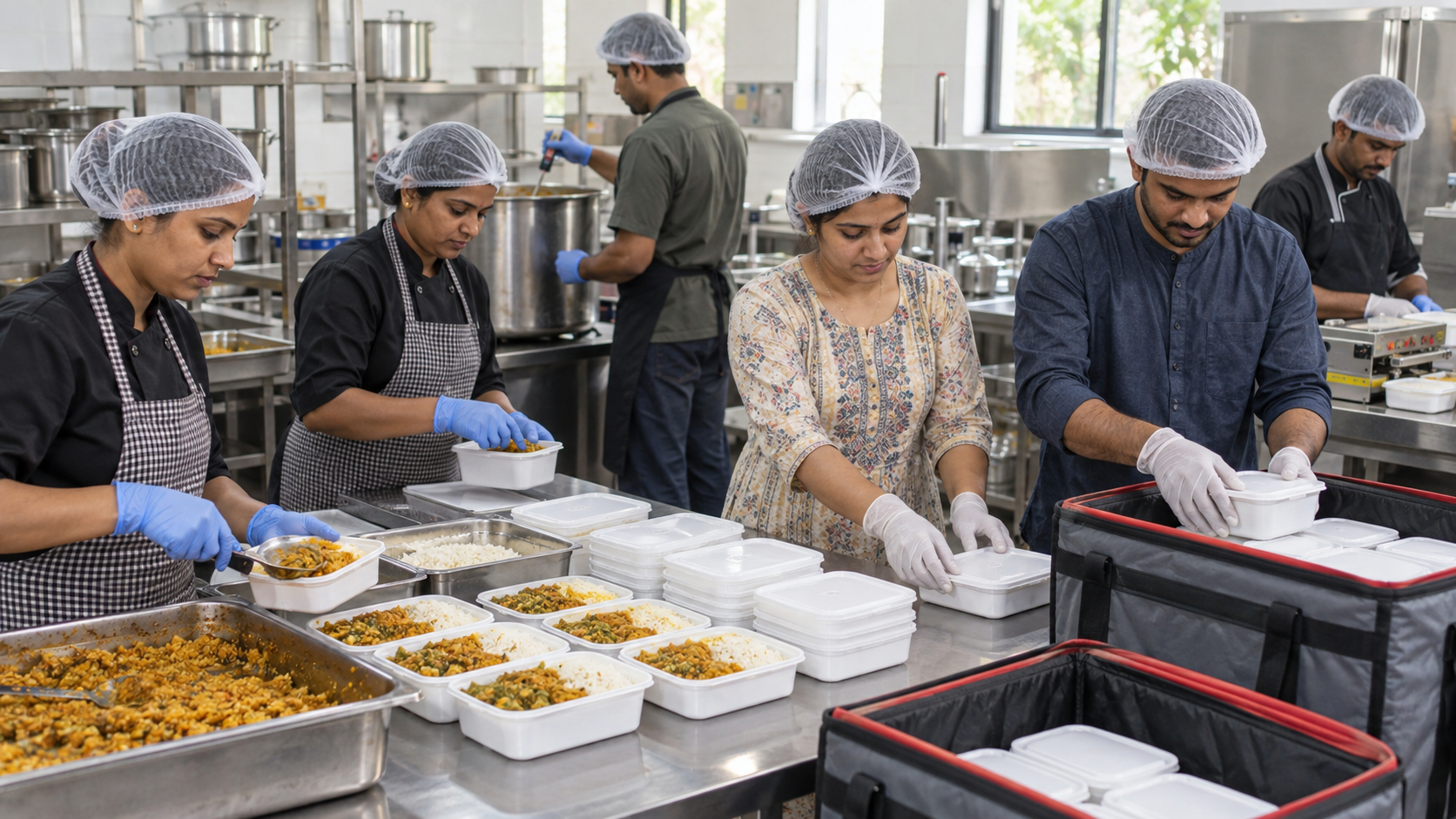 Properly equipped volunteers help seal meal containers while kitchen staff supervise hygiene and quality checks.