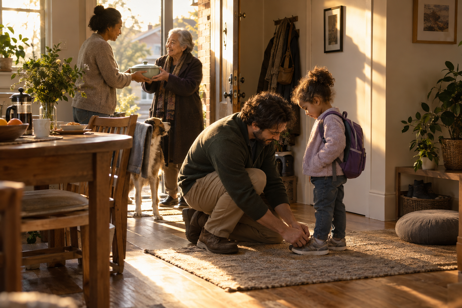 In a sunlit apartment, one adult ties a child's shoe while another gives a covered bowl of food to an older neighbor.