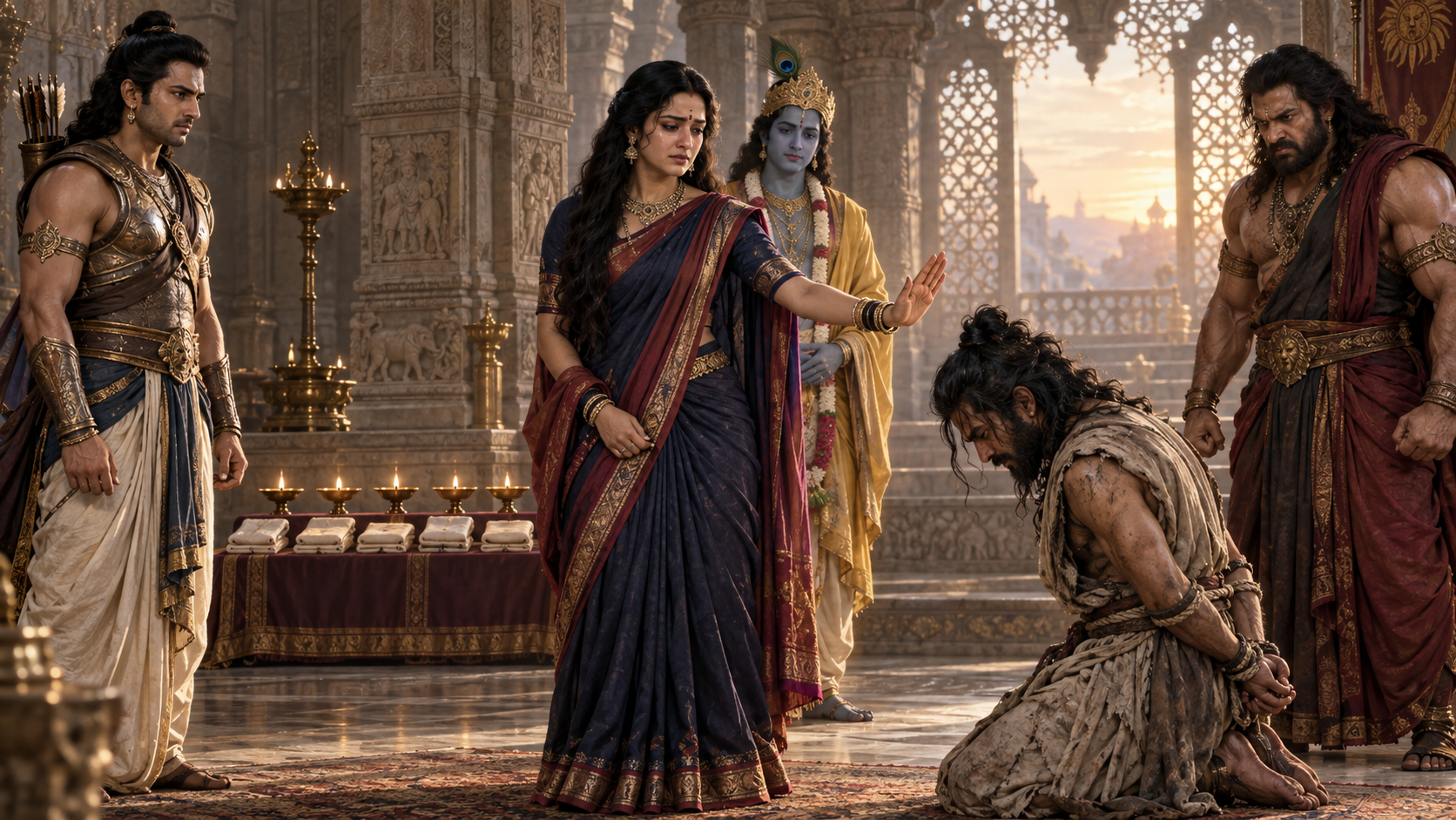 Draupadi raises a restraining hand before the kneeling, disarmed Ashvatthama as the Pandavas and Krishna watch in a solemn palace hall.