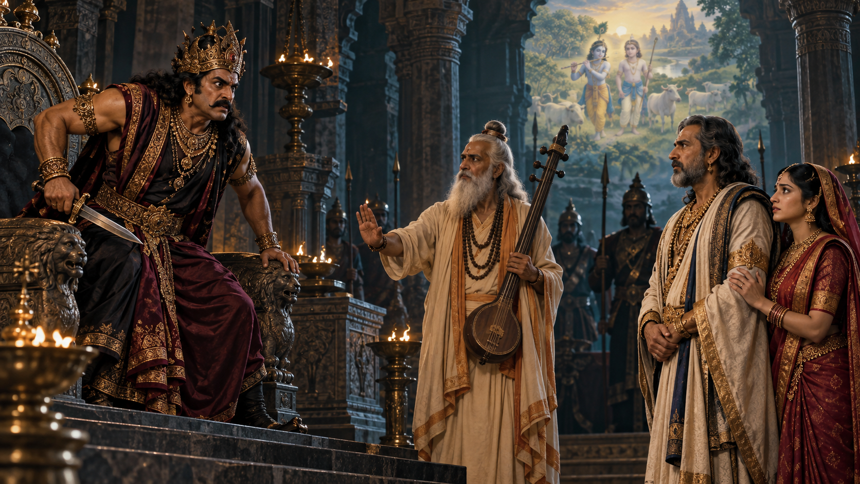 Kamsa rises from his throne and reaches for his sword as Narada stands between him and Vasudeva in the royal court of Mathura.