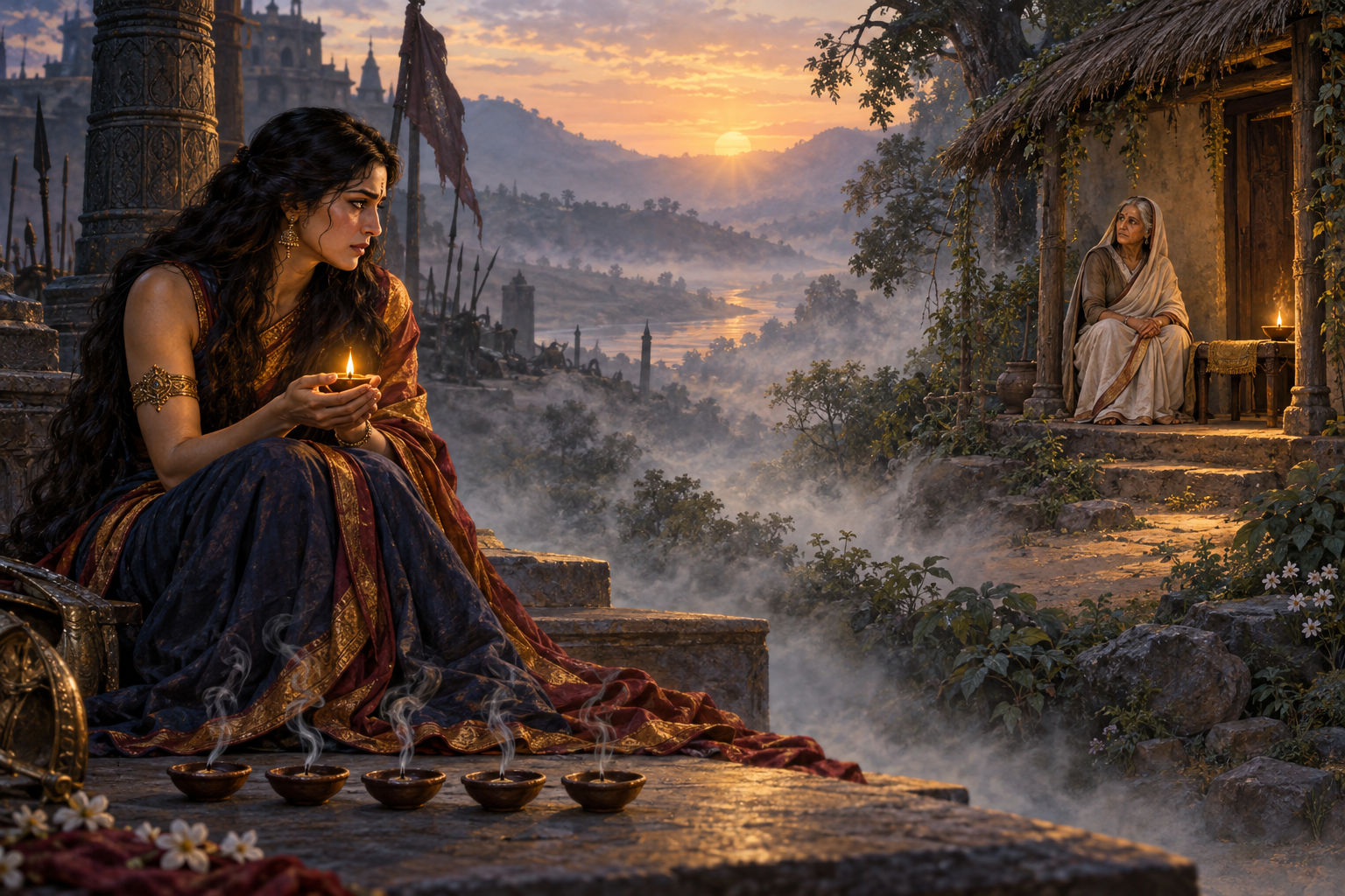 Draupadi mourns beside five extinguished lamps while envisioning an older mother waiting alone at a distant hermitage doorway.