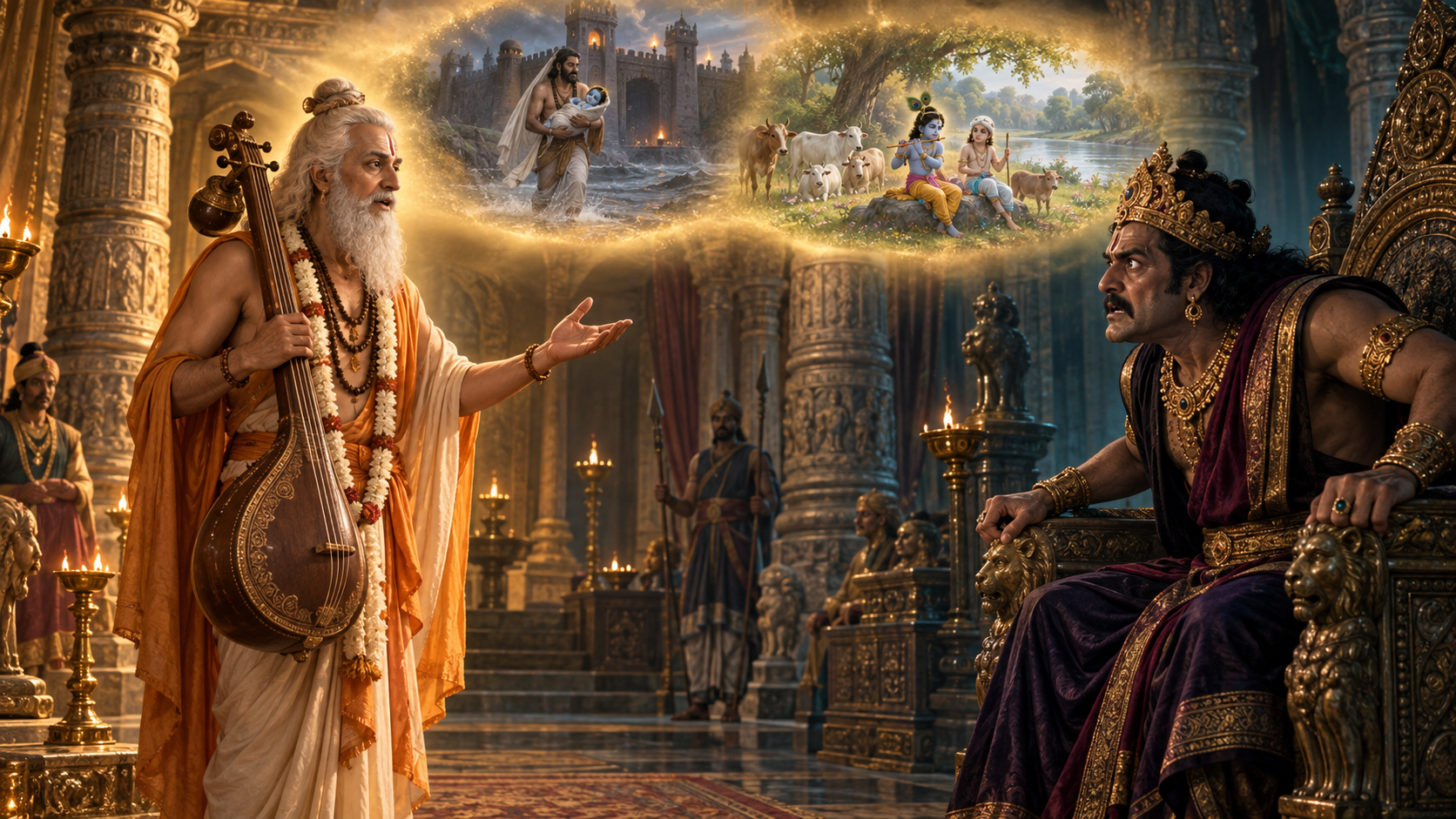 Narada addresses a tense Kamsa while luminous background scenes suggest the hidden identities and pastoral upbringing of Krishna and Balarama.