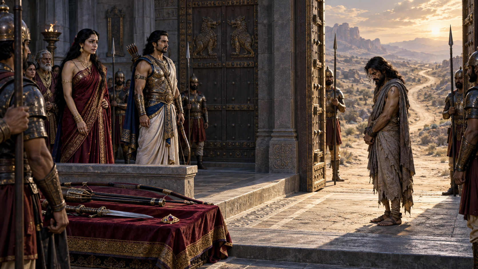 A disarmed Ashvatthama is escorted toward exile while Draupadi and Arjuna remain behind the guarded threshold of a palace courtyard.