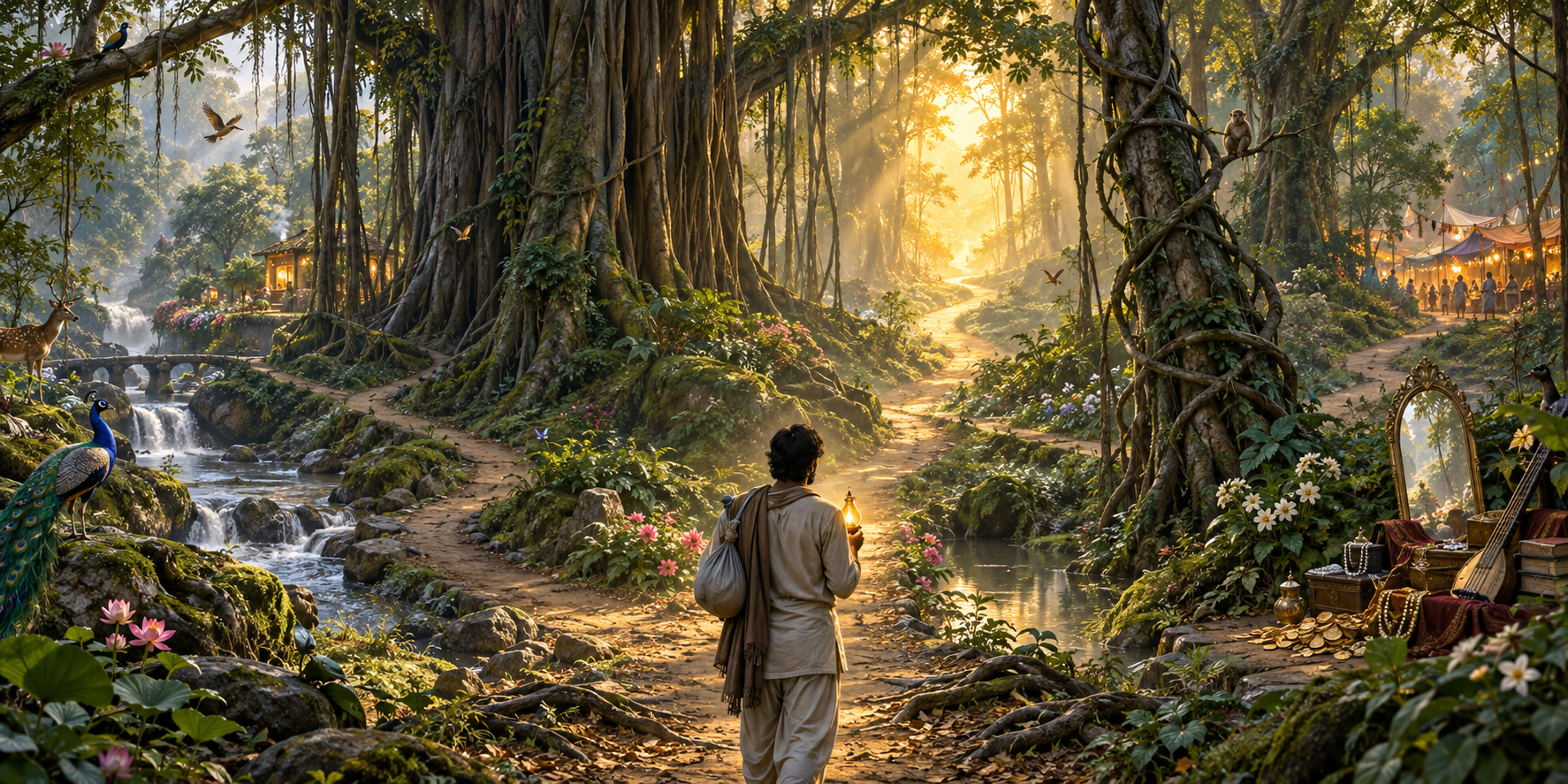 A traveler holding a glowing oil lamp stands among tangled paths in a vast green forest, with a narrow trail leading toward golden light.