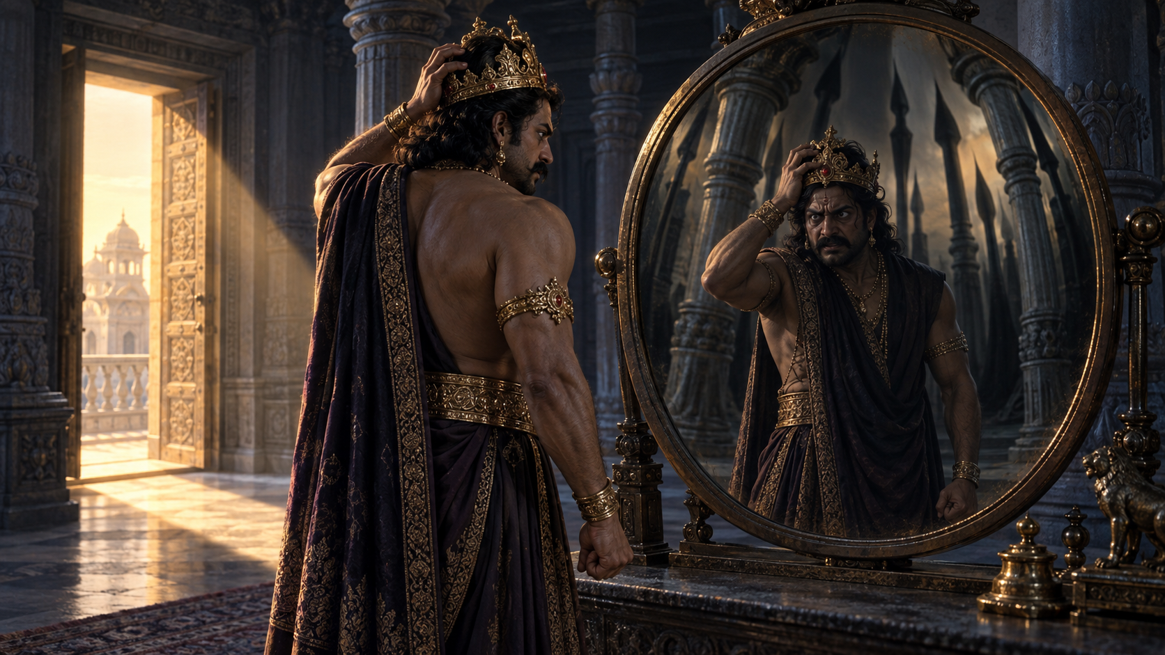 Kamsa faces a bronze mirror in a dark palace chamber, where his fearful reflection distorts the surrounding columns into threatening shapes.