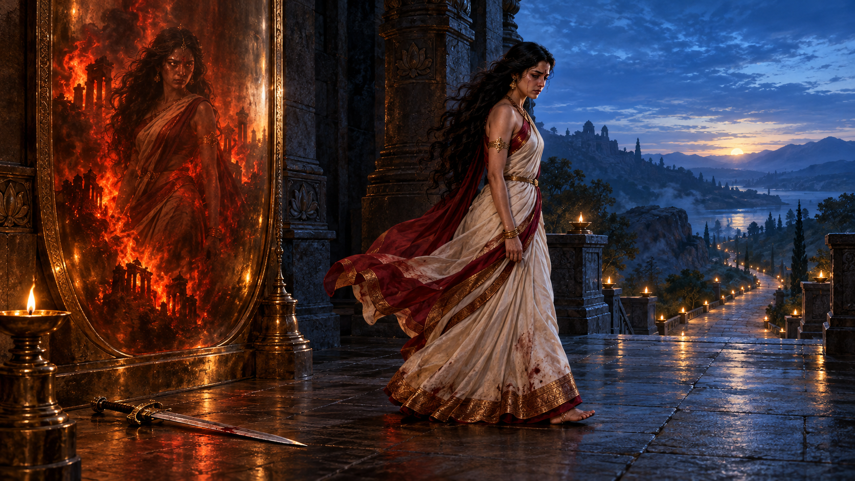 Draupadi turns away from a fiery reflection and an unused sword, walking instead toward a lamp-lit path at dawn.