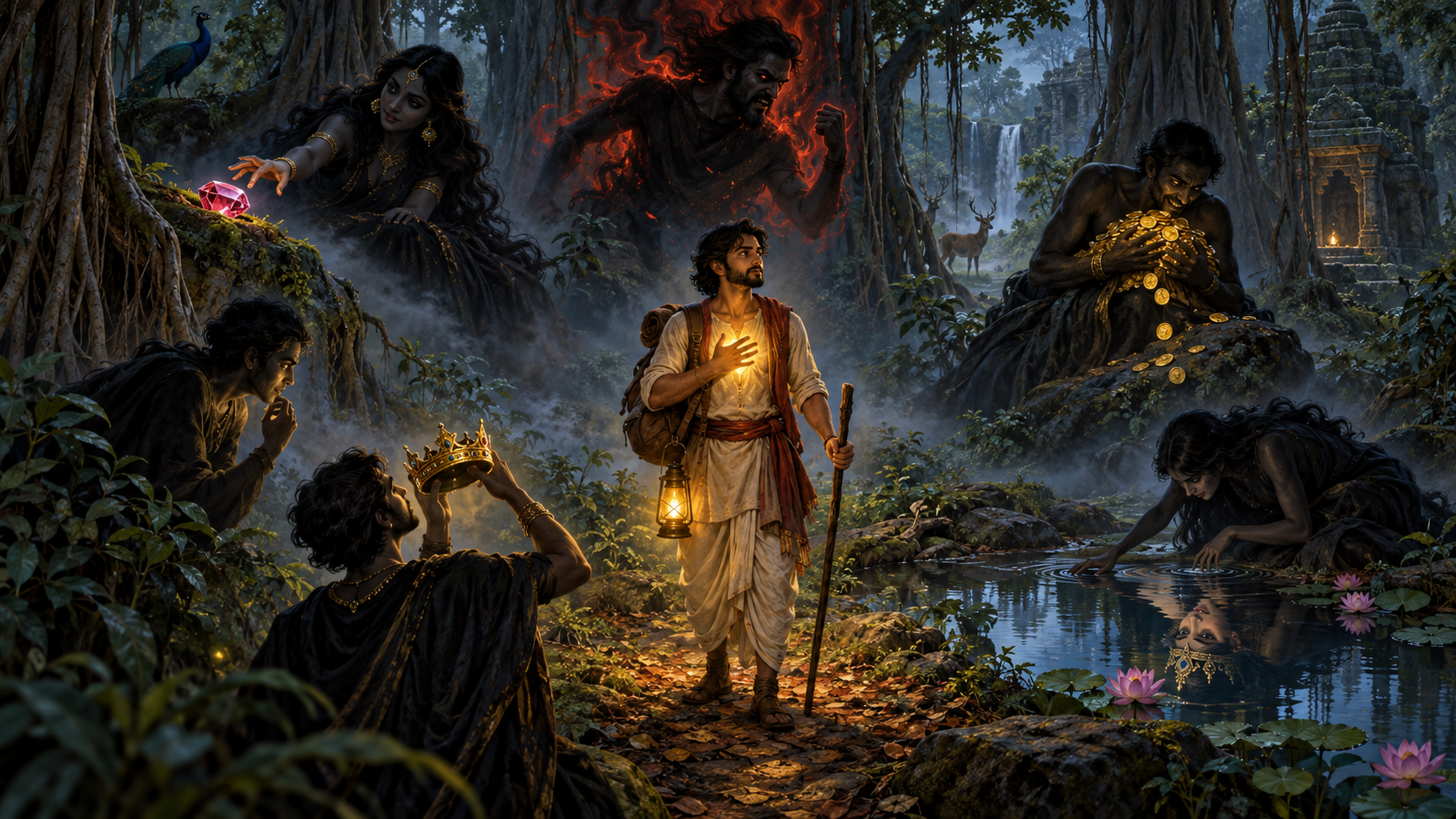 A traveler in a dark forest is encircled by six shadowy figures holding a jewel, embers, coins, a mirror, a crown, and another person's lamp.