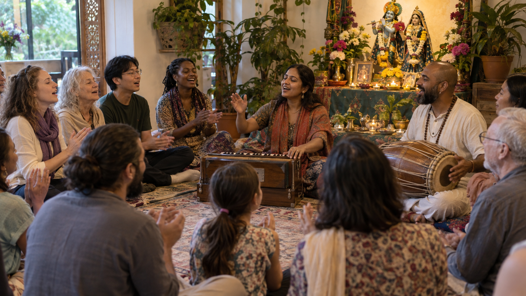 A seated kirtan leader cues a diverse circle of participants to answer while musicians accompany them on harmonium and hand drum.