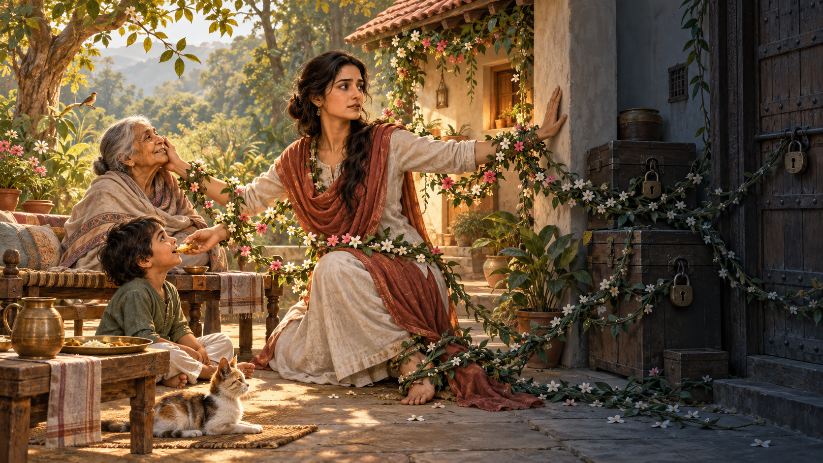 In a courtyard, a person cares for an older adult and a child while flowering vines extend from garlands and tighten around the caregiver's wrists and ankles.