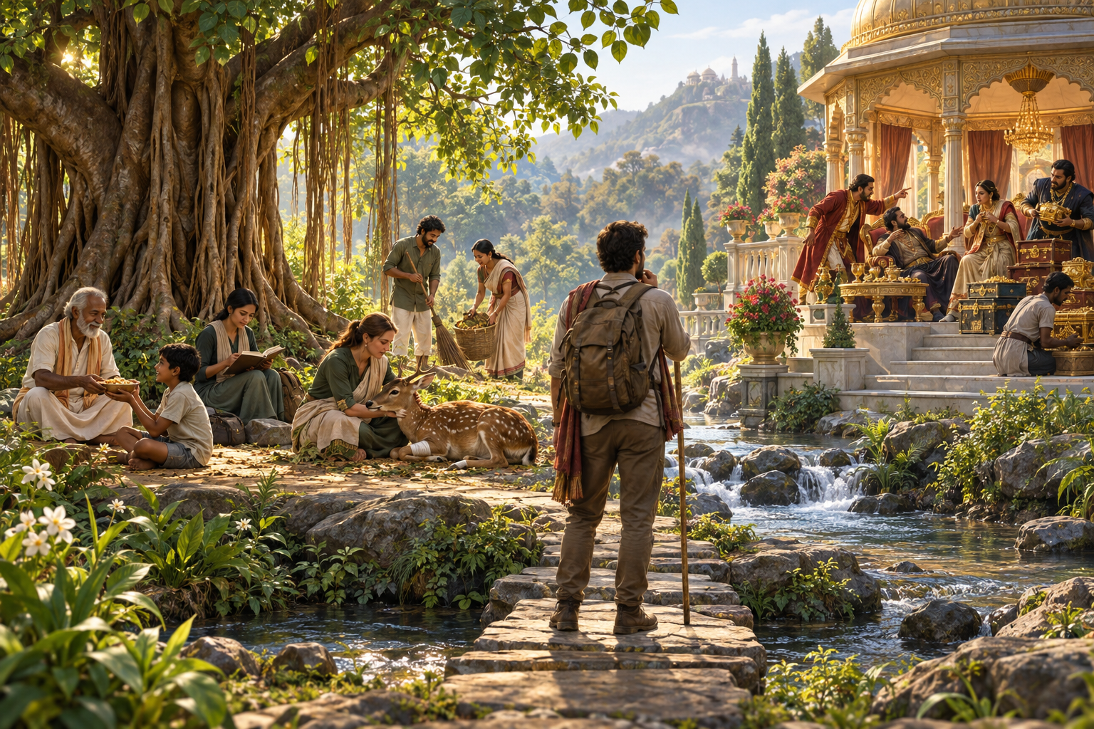 A traveler at a forest crossroads sees people sharing food and caring for a deer beneath a banyan tree, while people argue inside an ornate pavilion across a stream.