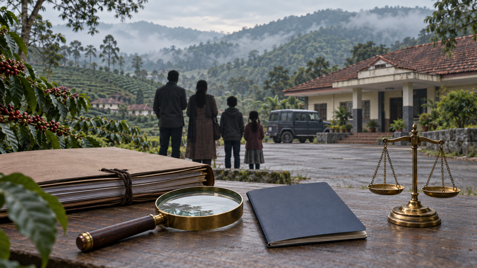 Editorial scene of a Kodagu government office, an unmarked police vehicle, a case file, a magnifying glass, a balance scale, and an anonymous family of four against misty green hills.