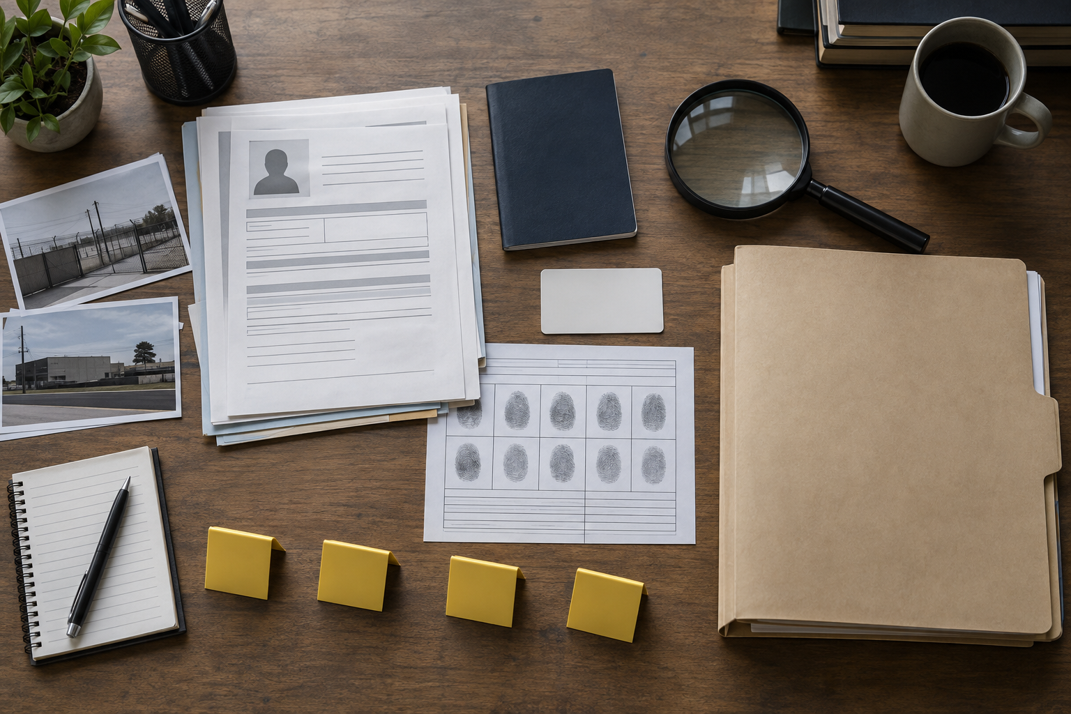Top-down view of an administrative desk with document folders, an identification card, a passport-shaped booklet, a magnifying glass, and unnumbered evidence markers.