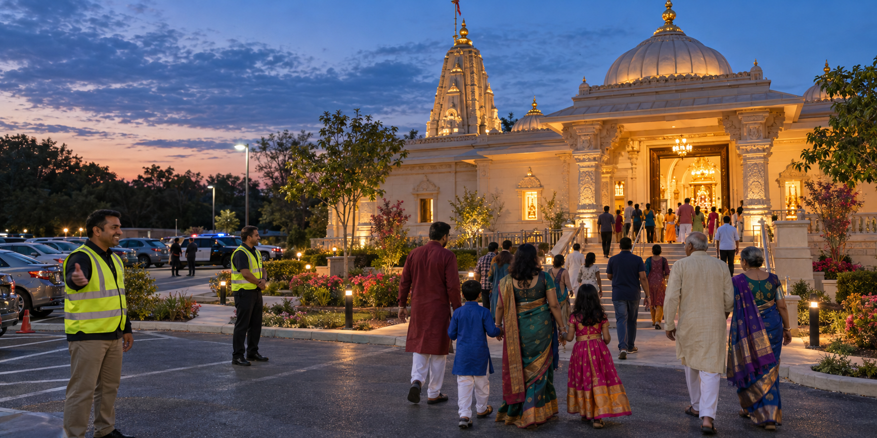 Devotees arrive at a brightly lit Hindu temple while community volunteers monitor the entrance and parking area at dusk.