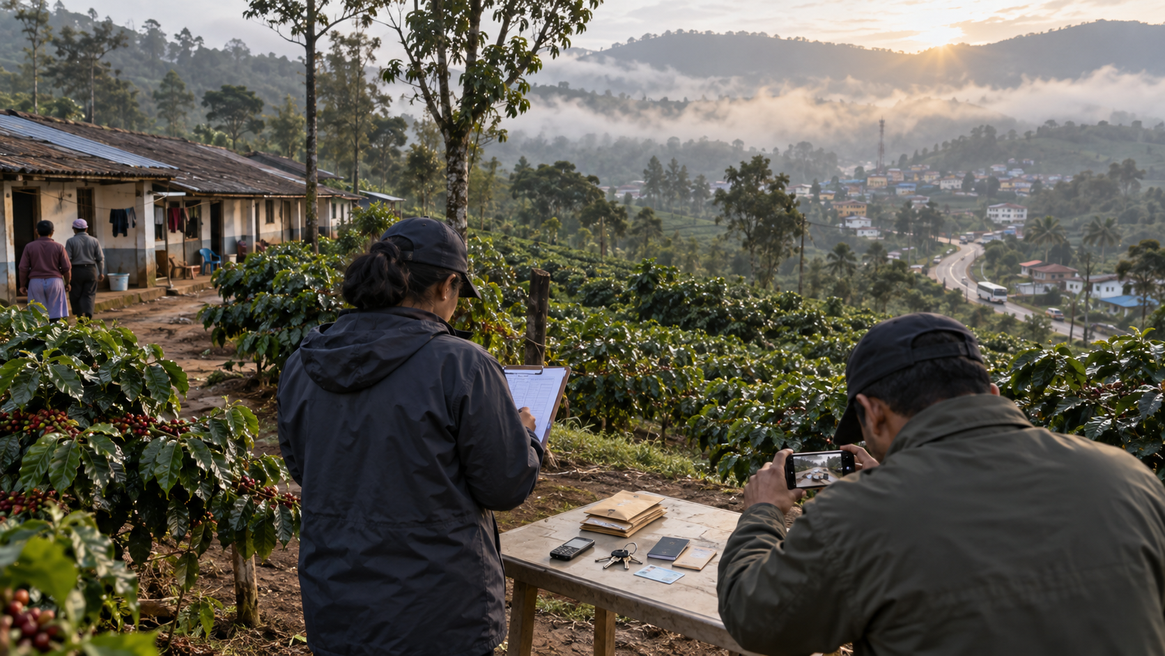 Investigators document a phone, keys, wage envelopes, and identity papers beside worker housing on a misty coffee estate in Kodagu.