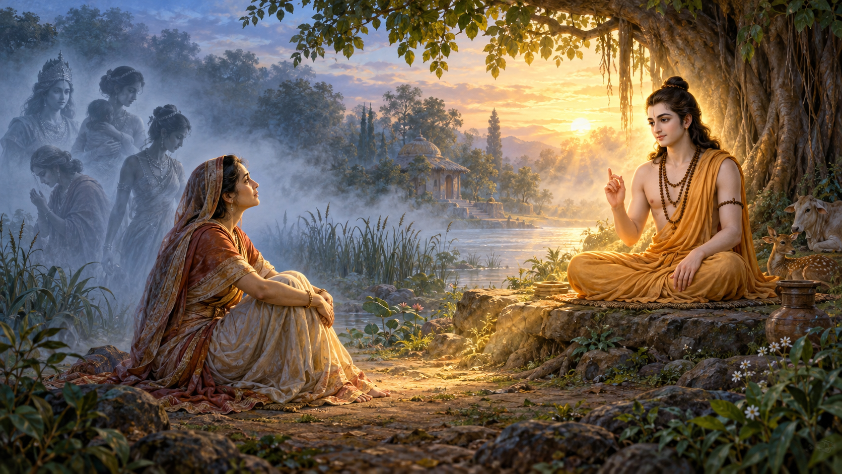 Devahuti sits in a forest hermitage at dawn facing the radiant sage Kapila, while faint human silhouettes recede into the mist behind her.