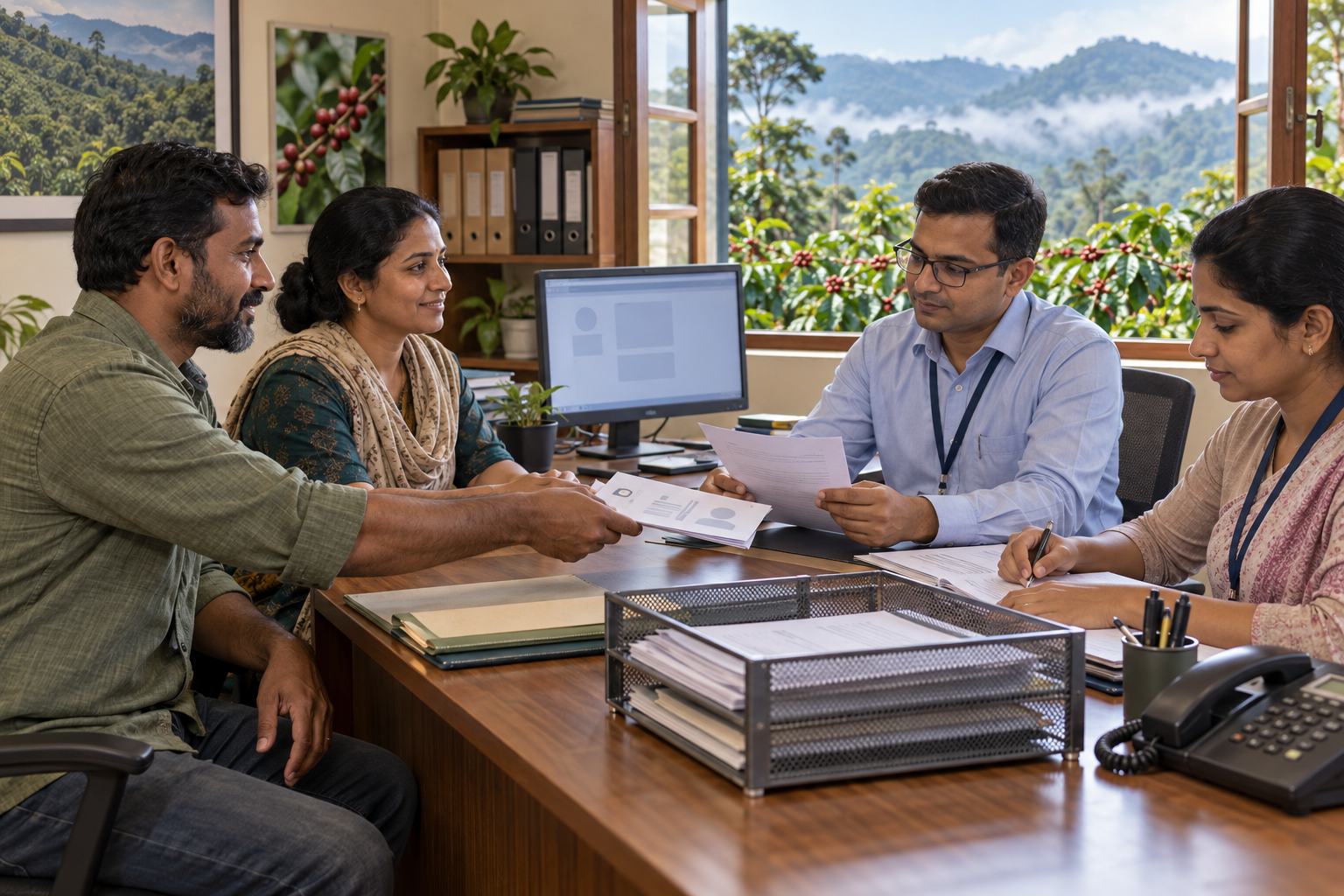 An employer and a resident provide records to civil officials in a coffee-estate office overlooking the green hills of Kodagu.