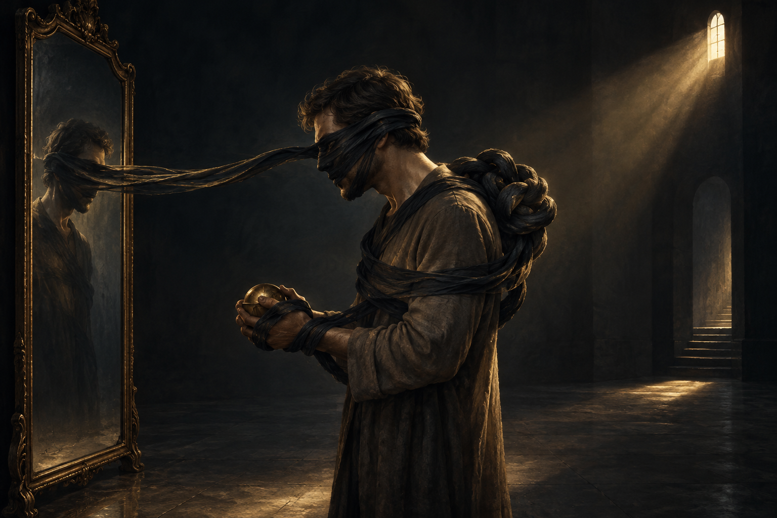 A person faces a mirror while one continuous dark strand forms a mask, coils around the hands and chest, and weighs down the shoulders.