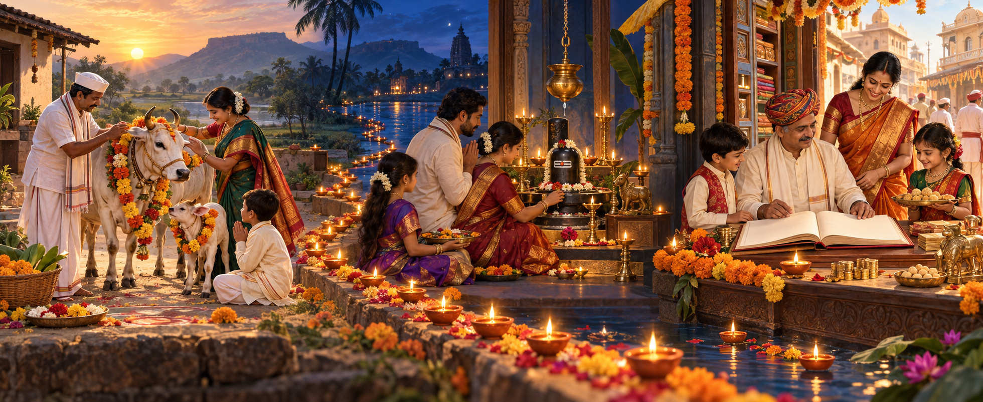 A continuous festive scene shows a family honoring a cow and calf, worshippers beside a Shiva shrine, and a merchant family reopening a decorated shop, all linked by glowing oil lamps.