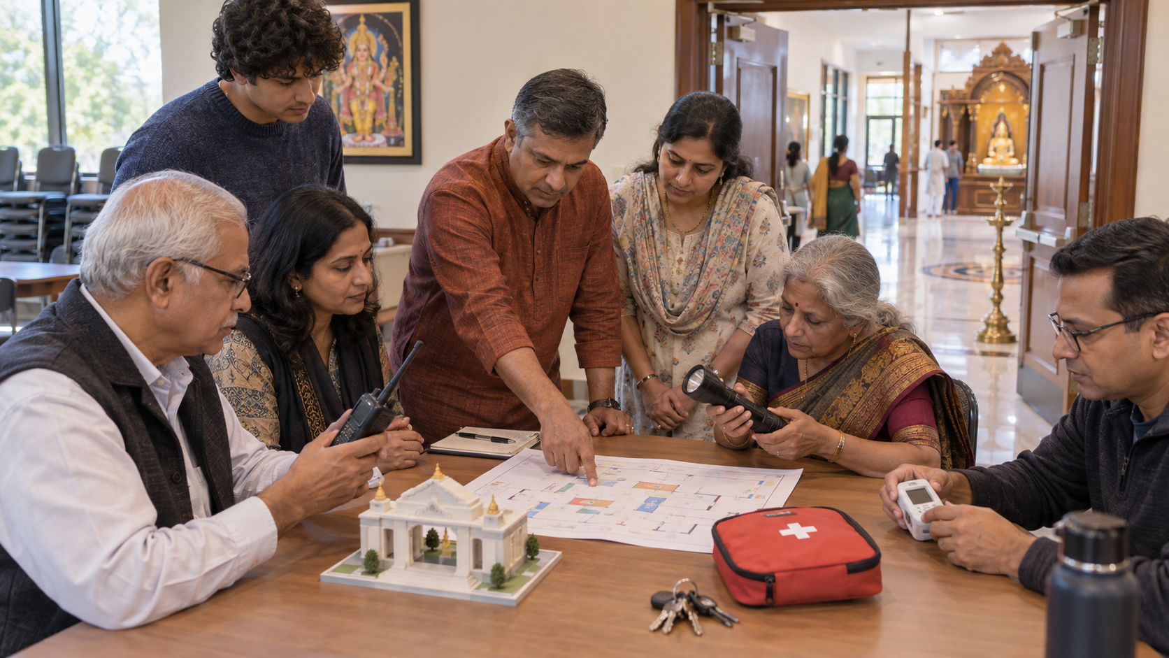 Temple board members and volunteers review an emergency plan with a radio, flashlight, first-aid pouch, keys, and a model entrance.