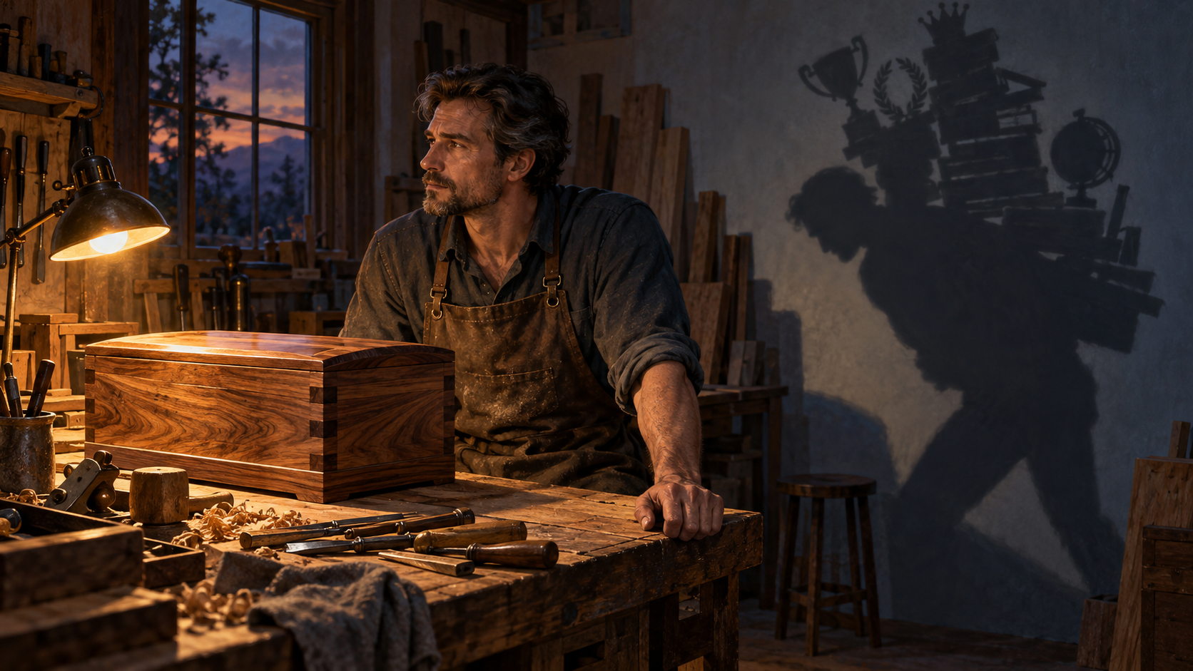 A craftsperson sits tensely beside a finished wooden object in a tidy evening workshop as a burdened shadow stretches across the wall.