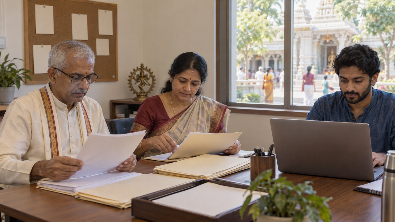 Temple leaders organize evidence and prepare a public update while devotees continue activities in the courtyard outside.