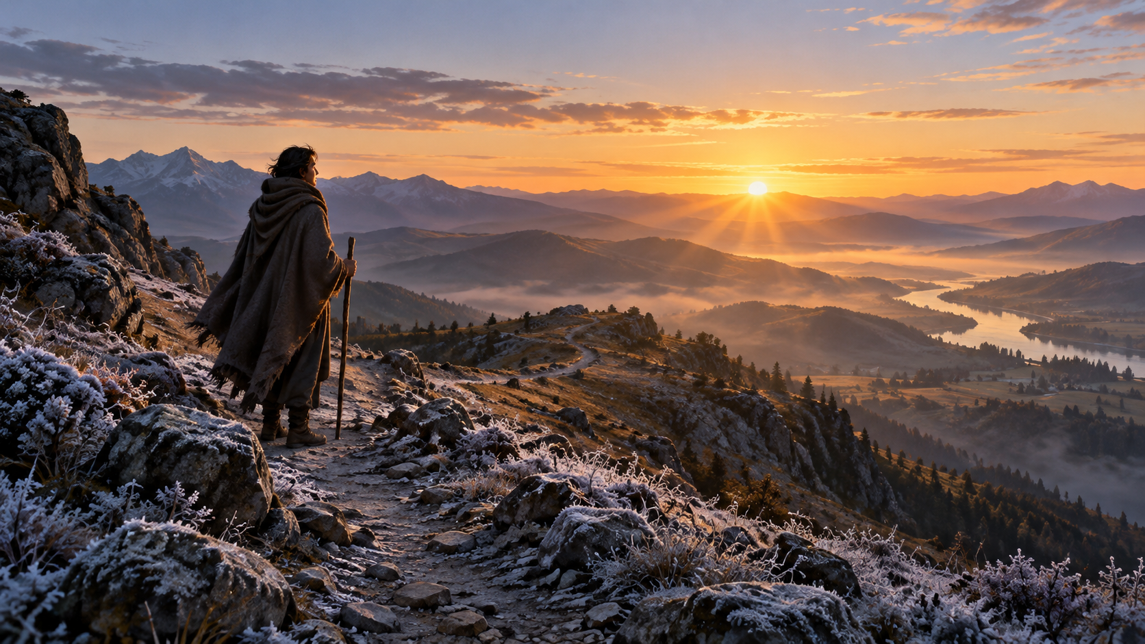 A cloaked traveler watches the first sunrise rays reveal a winding mountain path while frost remains on the shadowed ground.