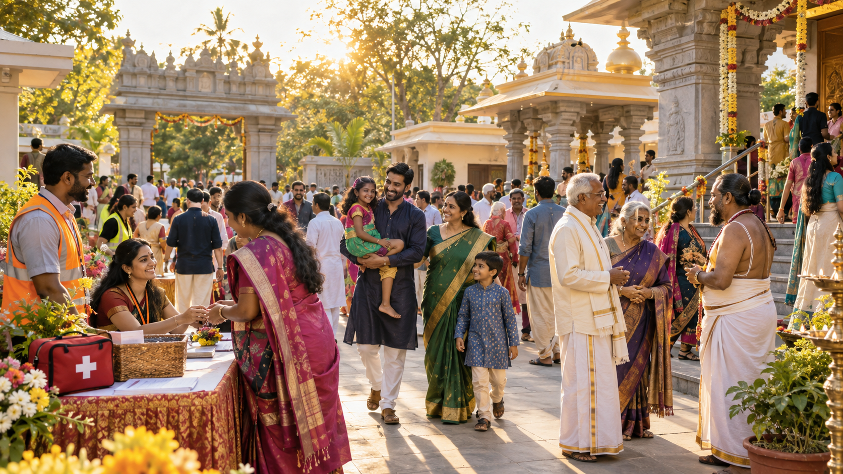 Families and volunteers gather in a Hindu temple courtyard with clear walkways, a welcome table, lighting, and a first-aid kit.