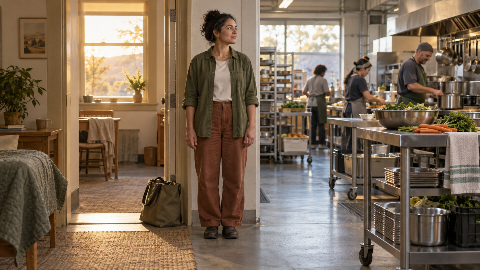 A person pauses calmly at the entrance to a community kitchen before joining coworkers and beginning the day's work.