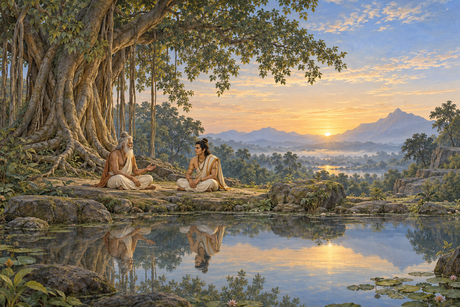 An elder sage and a young seeker sit beneath a banyan tree beside a still pool where their separate reflections share one continuous surface.