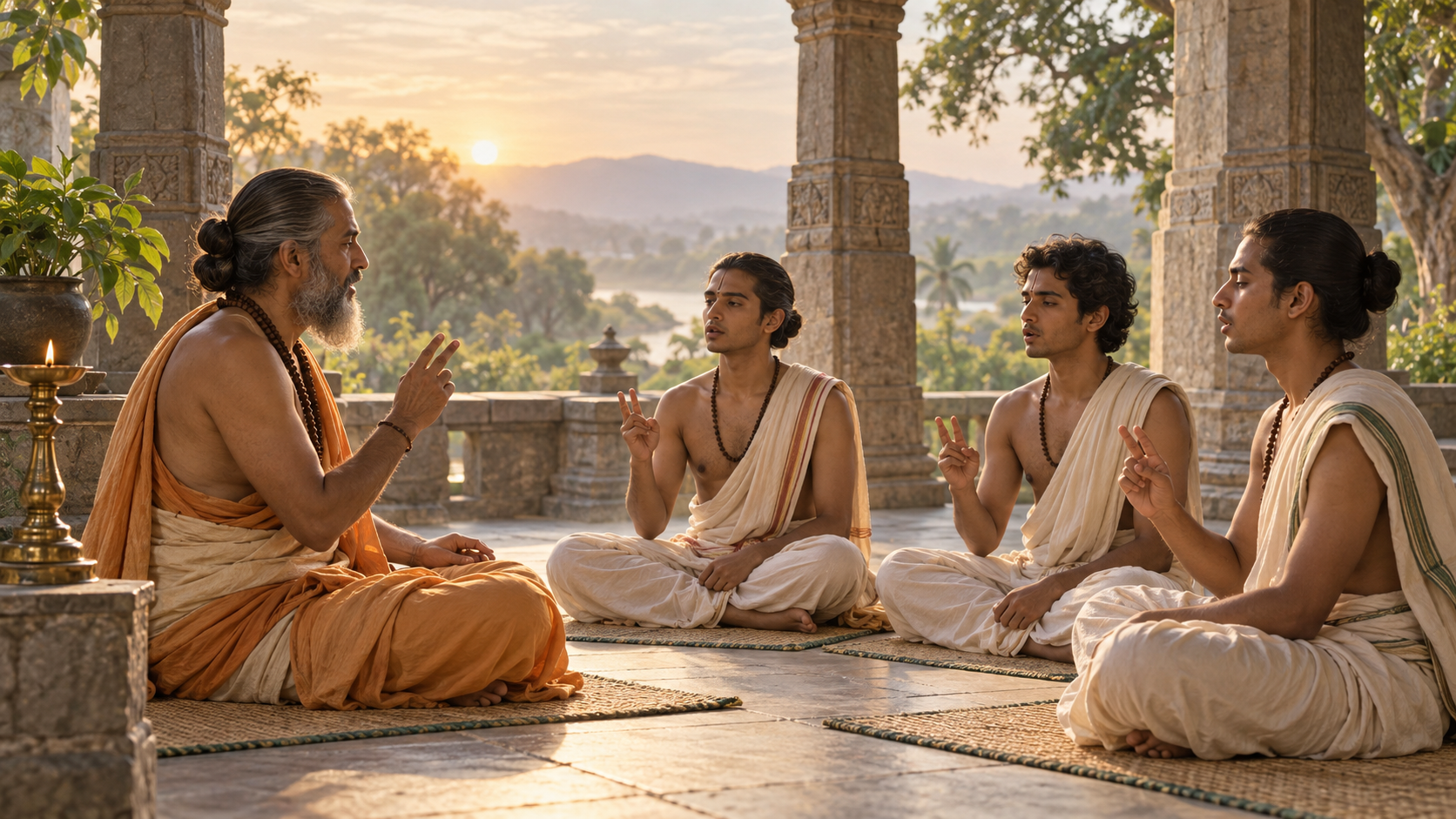 A teacher guides three seated students in measured Vedic recitation at dawn, with the group using subtle hand gestures to keep rhythm.