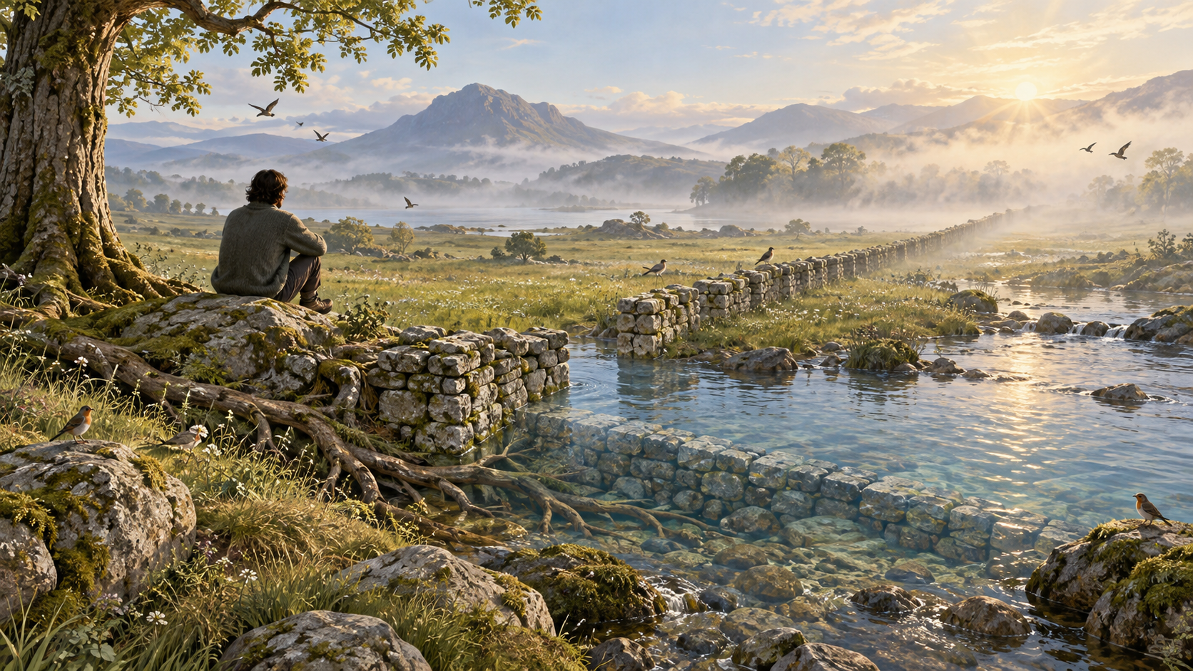 A seated observer looks across a meadow where a stone wall marks a boundary but does not divide the continuous land, stream, sky, and light.