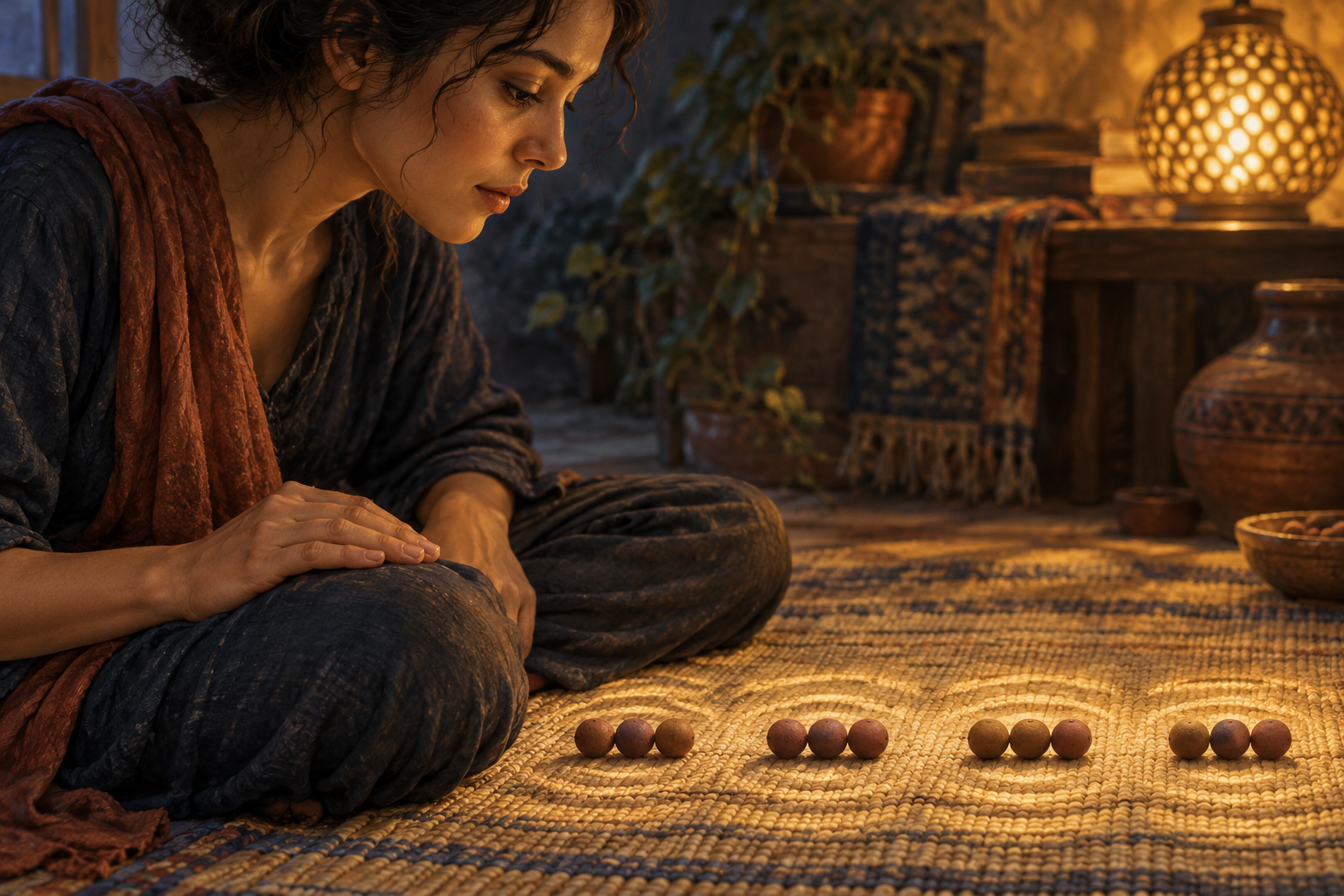 A learner listens while tapping a steady pulse and arranging clay beads into repeating groups on a woven mat.