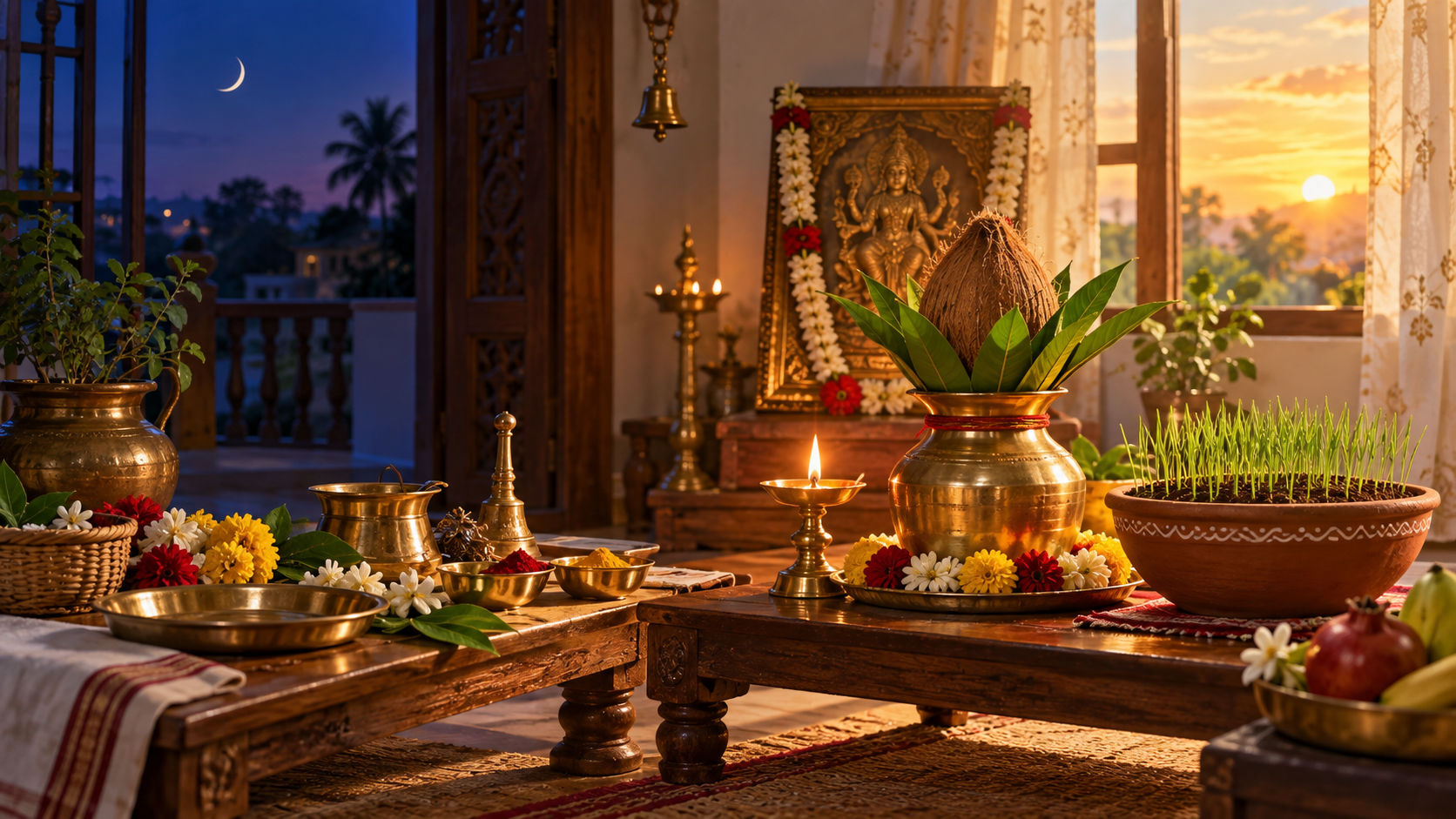 A home worship space transitions from Saturday twilight with puja materials prepared to Sunday sunrise with the Ghatasthapana kalasha established.