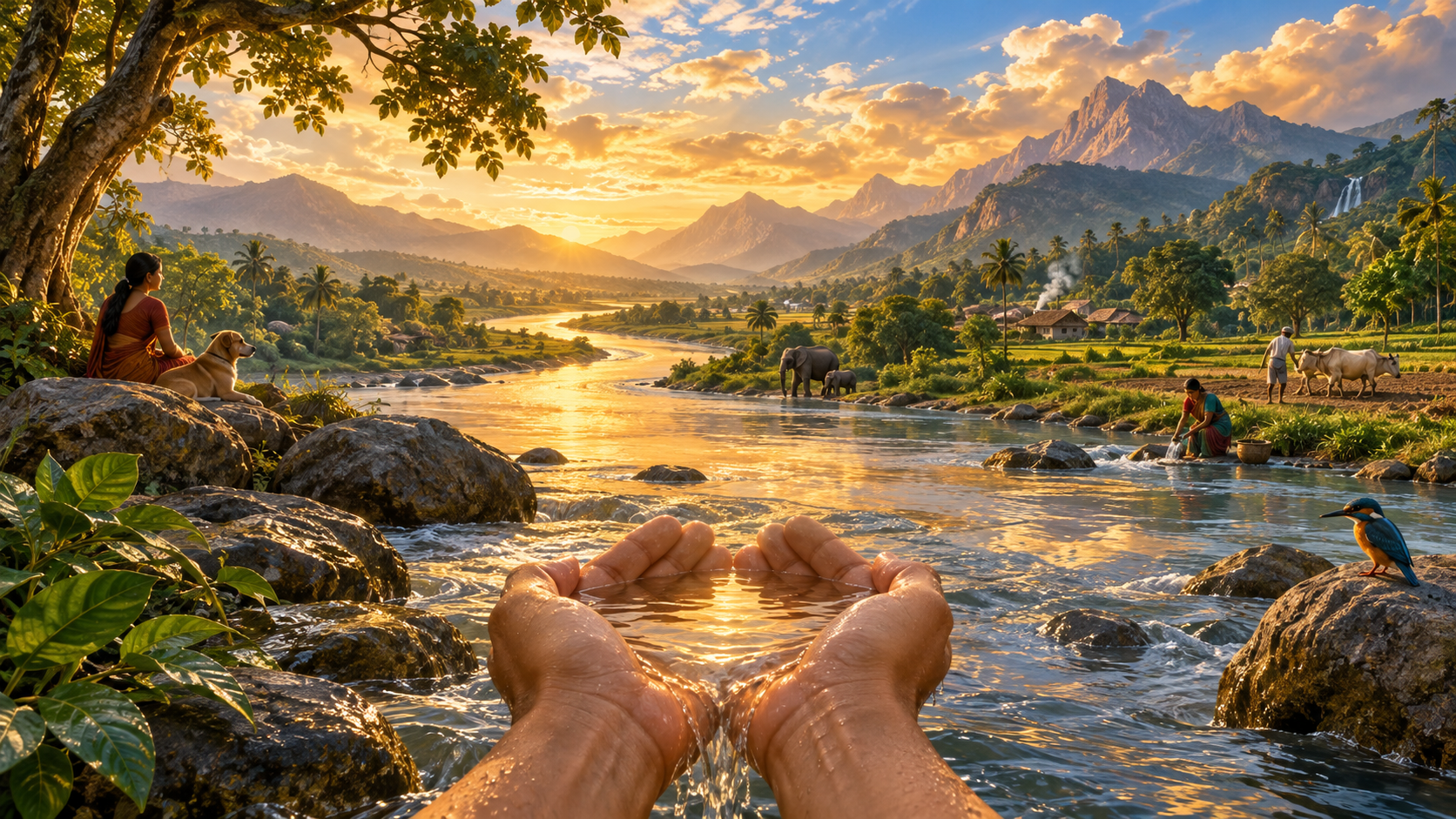 A river links mountains, trees, animals, and people, all illuminated by the same warm light throughout the landscape.