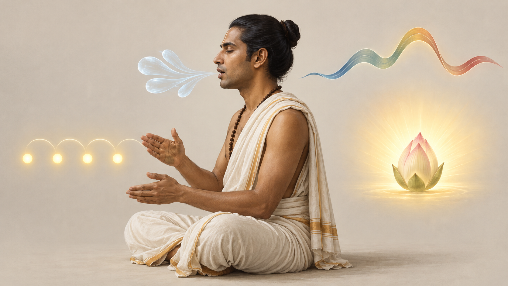 A reciter is surrounded by four separate visual motifs representing rhythmic pulse, articulated breath, changing pitch, and understood meaning.