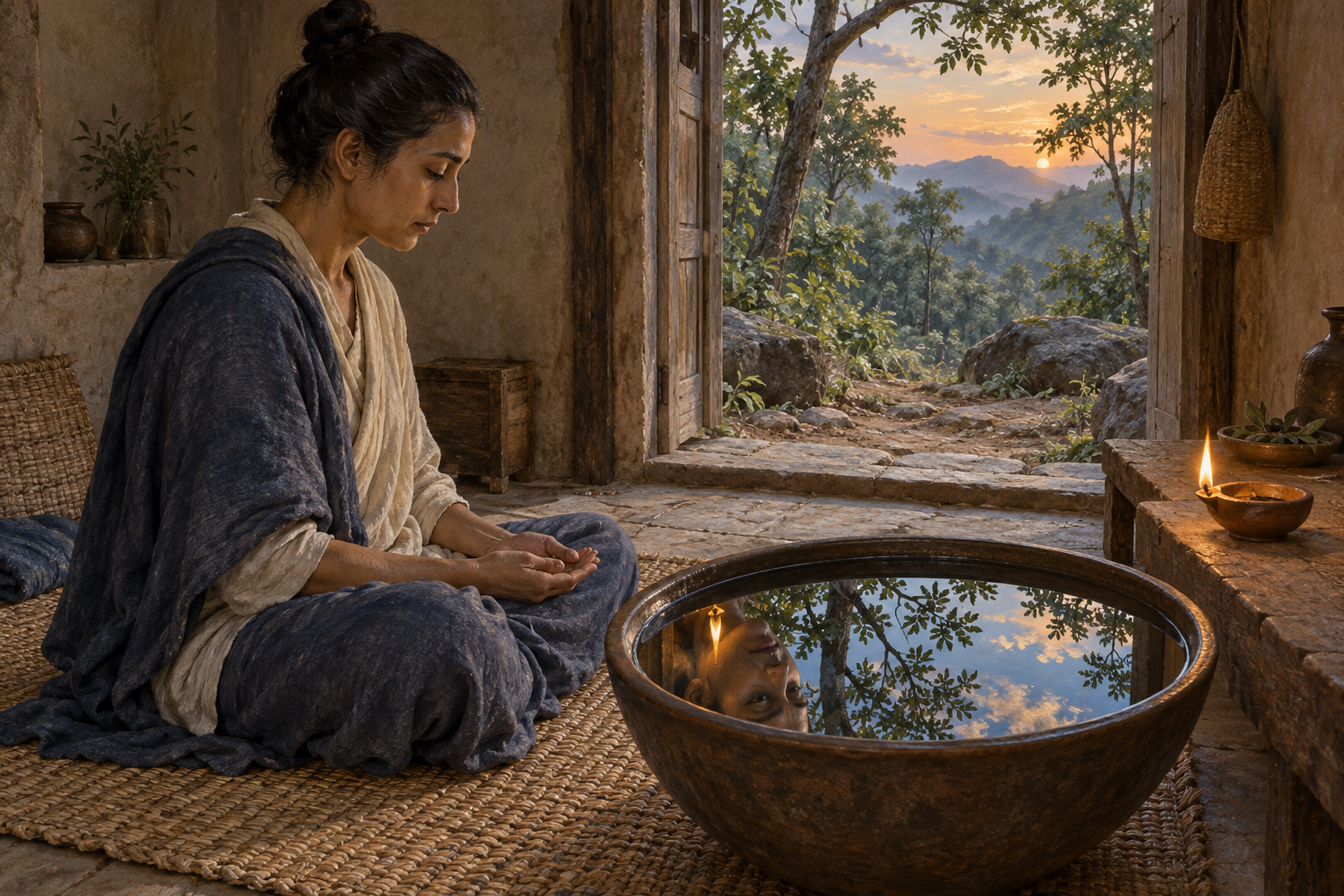 A seated practitioner studies several distinct reflections held together on the unbroken surface of a bowl of water.