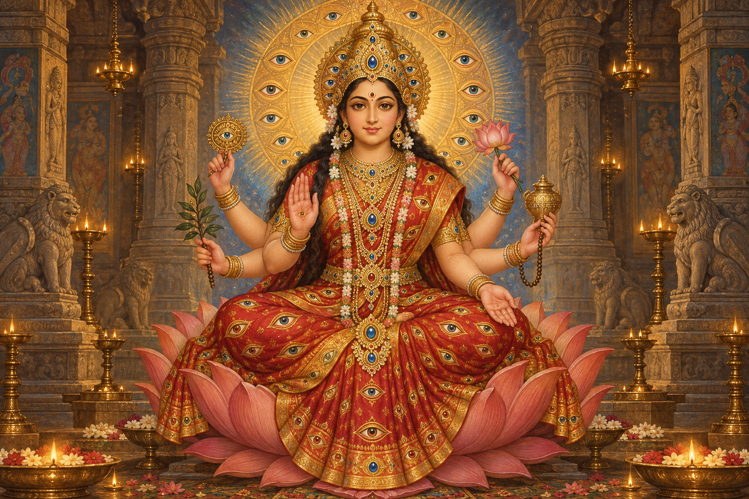 Indrakshi Devi seated on a lotus in a temple sanctum, surrounded by a radiant halo filled with many symbolic eyes.