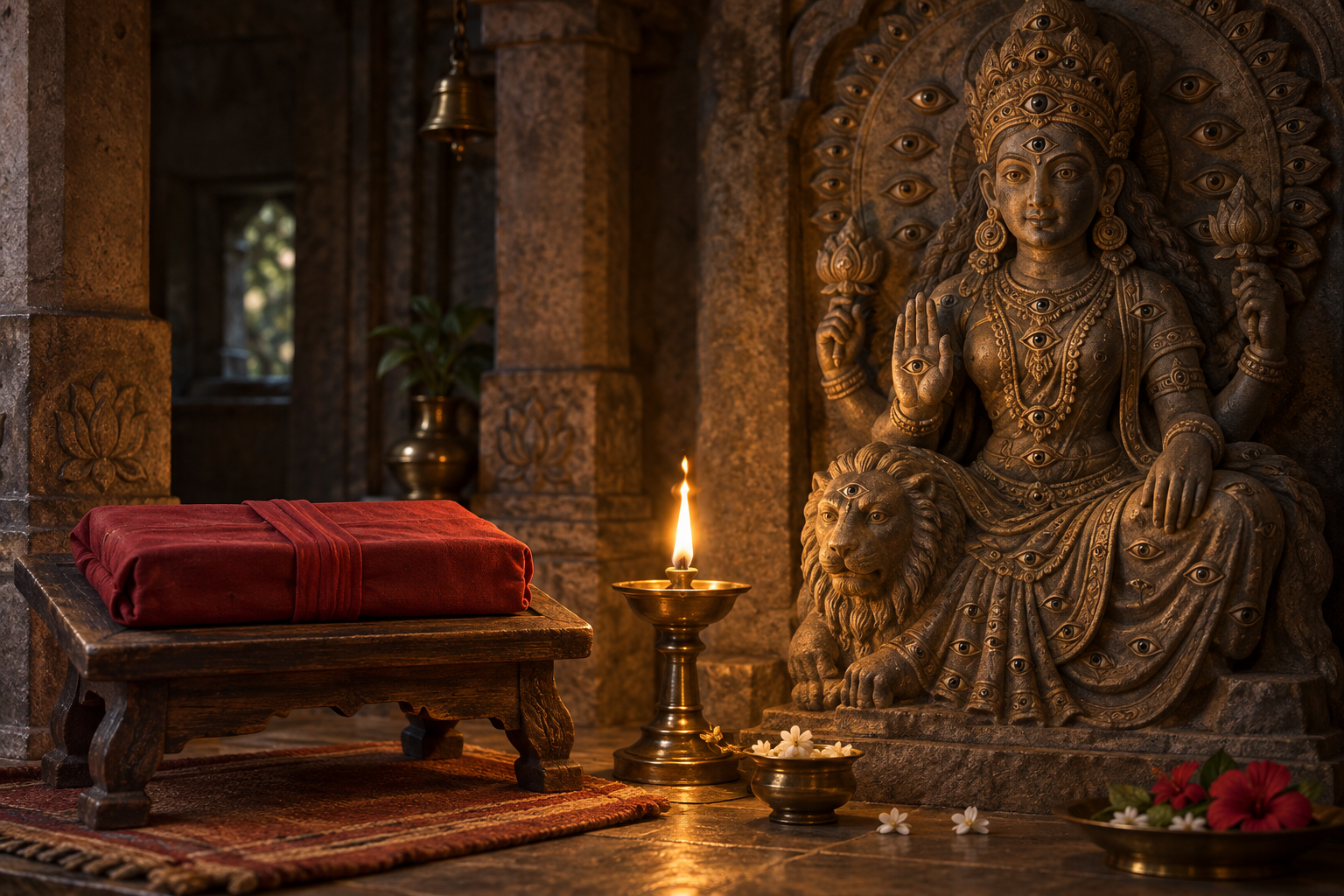A carved image of a many-eyed Devi and a wrapped palm-leaf manuscript rest on opposite sides of a glowing temple lamp.