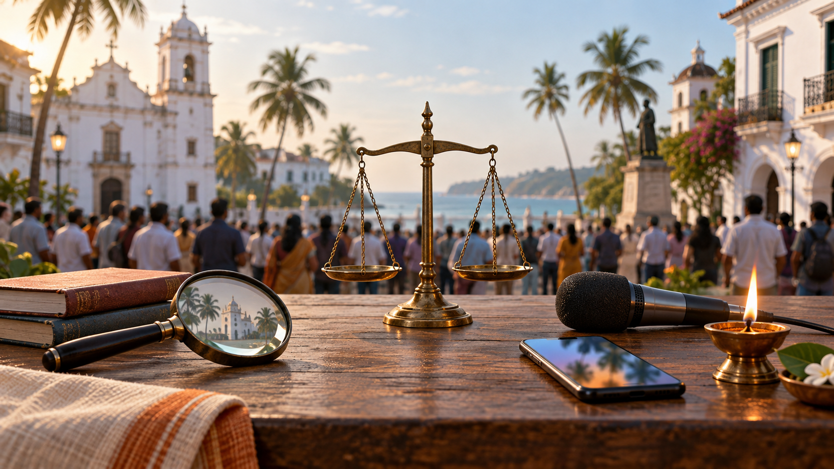 A balance scale, magnifying glass, microphone, smartphone, and glowing oil lamp sit on a table in a sunlit Goan civic square.
